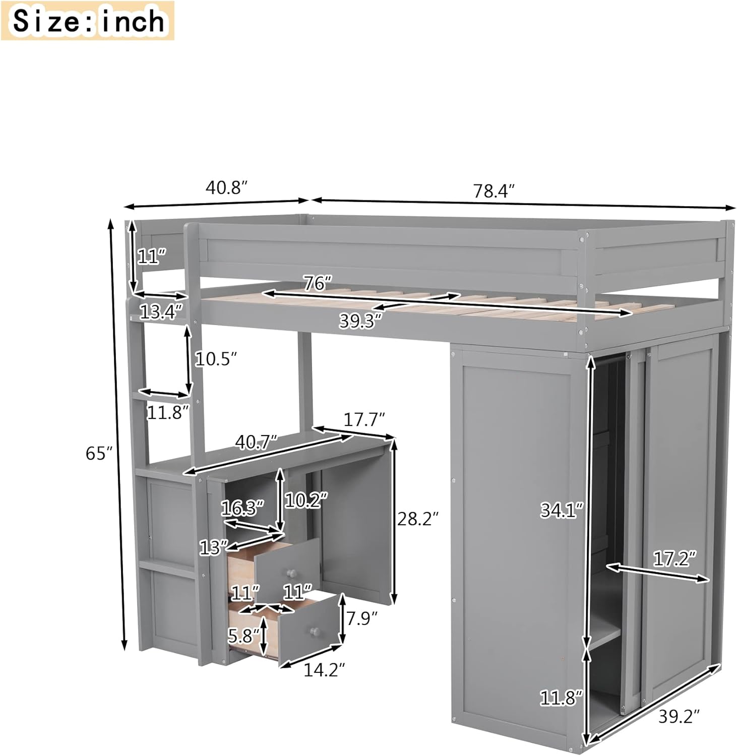 Size Loft Bed With Wardrobes Ad Desk, Solid Wood Loft Bed Frame With 2 Storage Drawers Cabiet, For Kids Tees Adults (Gray)