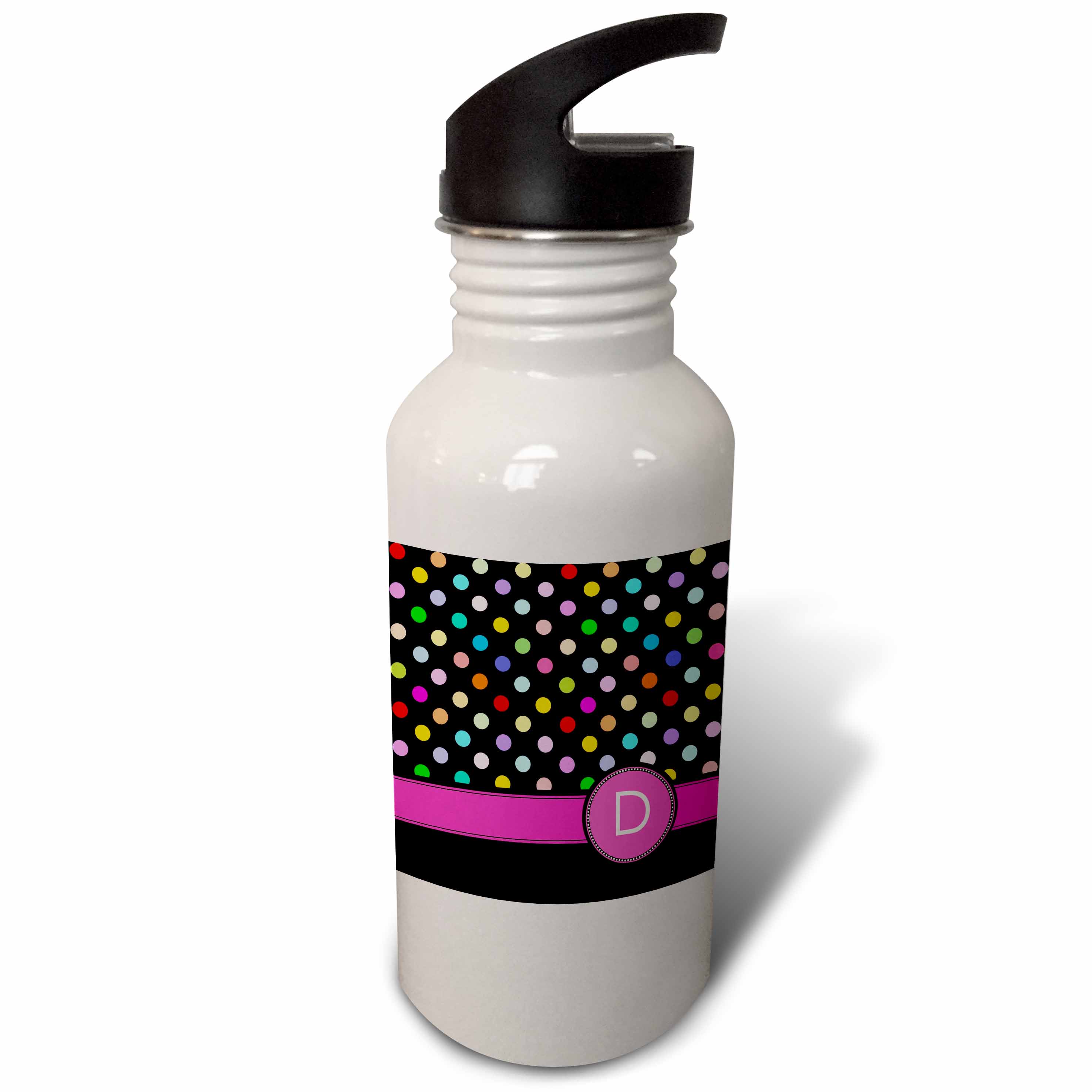 Letter D monogrammed on rainbow polka dots pattern with hot pink personal initial - multicolored 21 oz Sports Water Bottle wb-154301-1