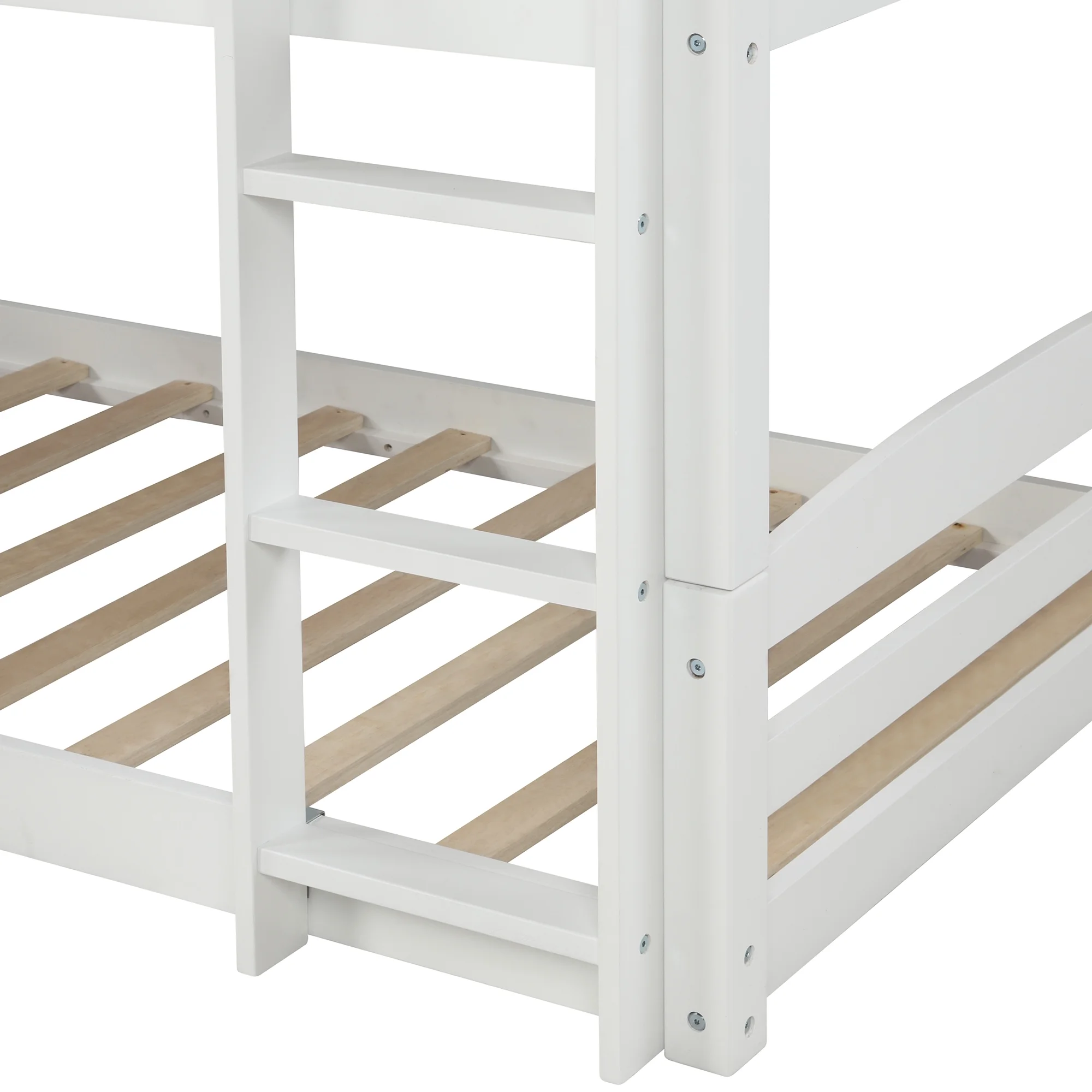 White Twin over Twin Low Bunk Bed with Slide and Ladder