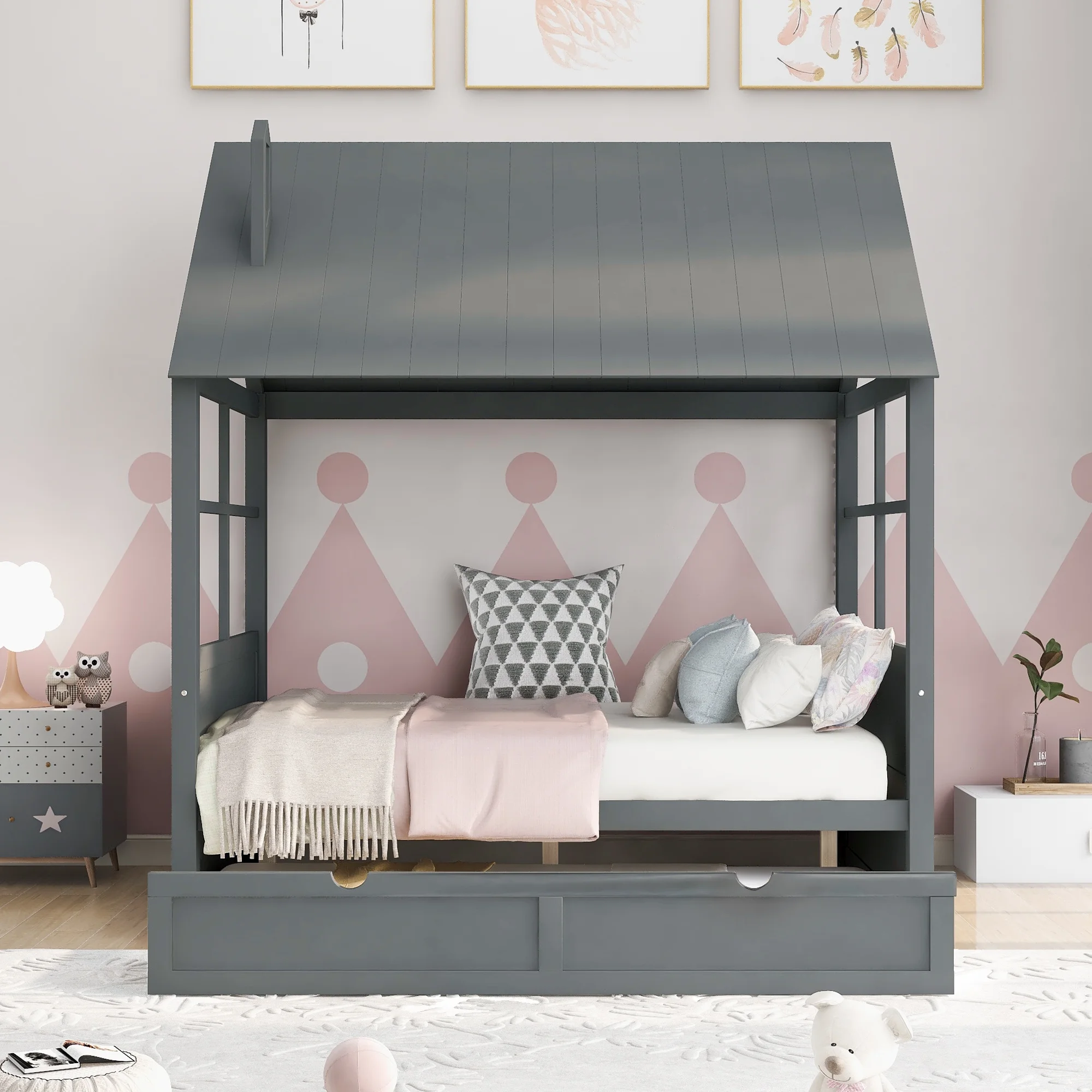 Kids Pull Out Double Bed Full Size Log Cabin Bed with Double Size Roller Double Bed Wooden Sofa Bed Bedroom Living Room Furniture Decor (Grey)