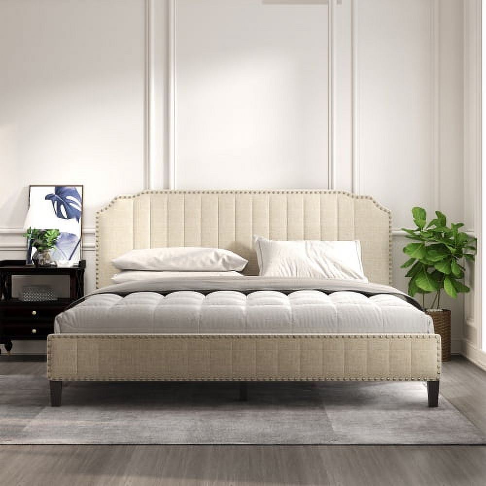 King Upholstered Platform Bed with Headboard, Modern Linen Curved Upholstered Platform Bed with Nailhead Trim for Kids,Cream