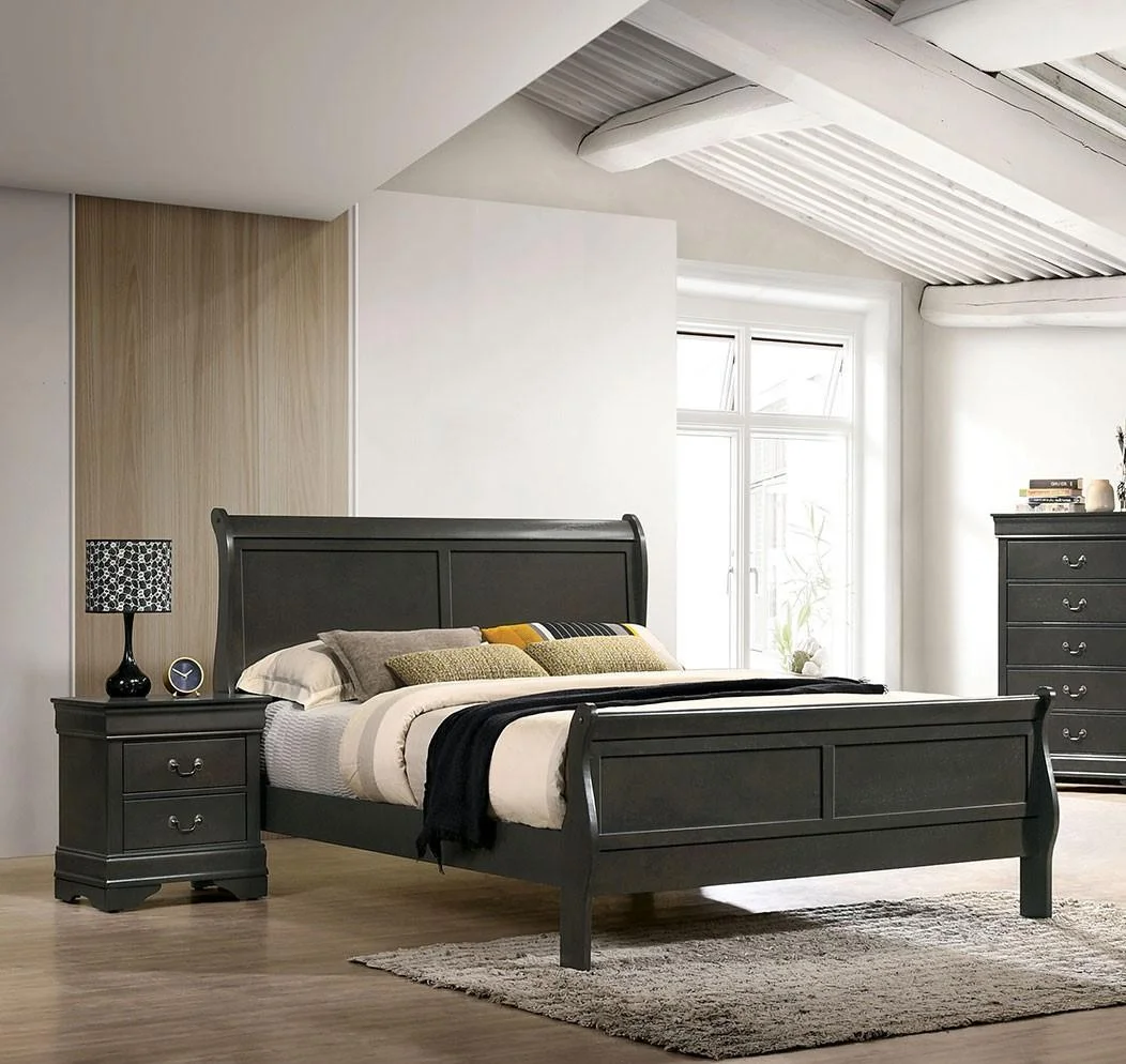 Transitional Gray Solid Wood King Bedroom Set 6pcs FOA CM7966GY Louis Philippe