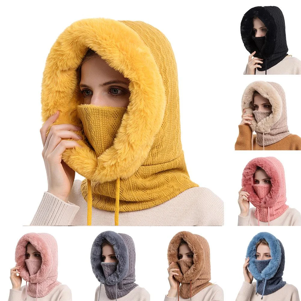 Women Cold Weather Ski Mask Hat Windproof Plush Fleece Thermal Face Mask Cycling Motorcycle Neck Warmer Hood Winter Gear Hat, Black