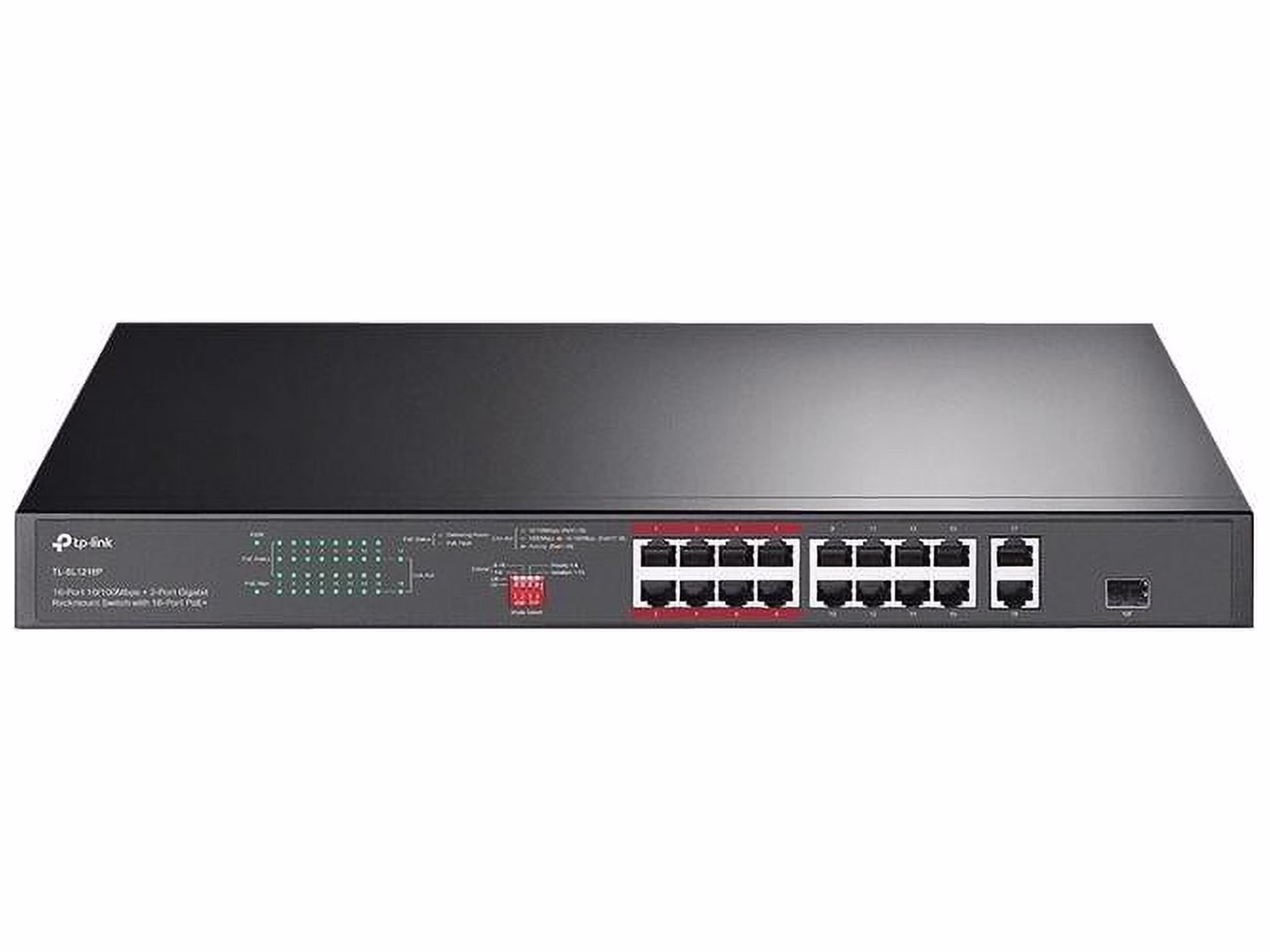 TP-Link TL-SL1218P | 16 Port 10/100Mbps Fast Ethernet PoE Switch | 16 PoE+ Ports @150W, w/ 2 Uplink Gigabit Ports + 1 Combo SFP Slot | Limited Lifetime Protection | Extend, Priority & Isolation Mode