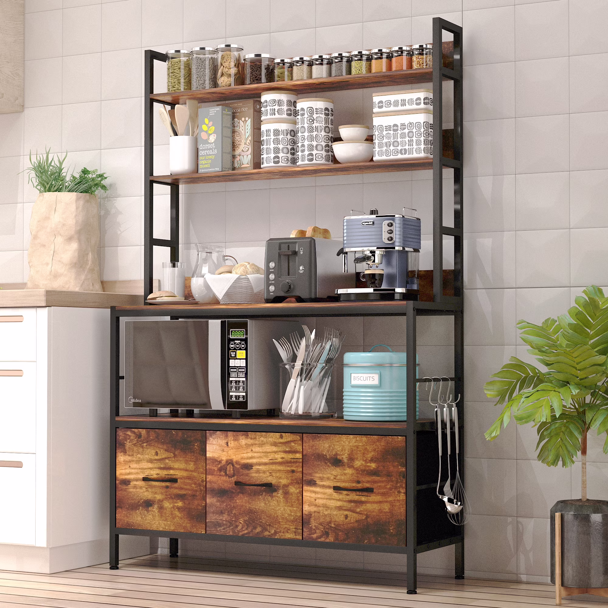 NAIYUFA 5 Tiers Bakers Rack Kitchen Organizer Wood Large Microwave Oven Stand With Baskets and Hooks ,Brown