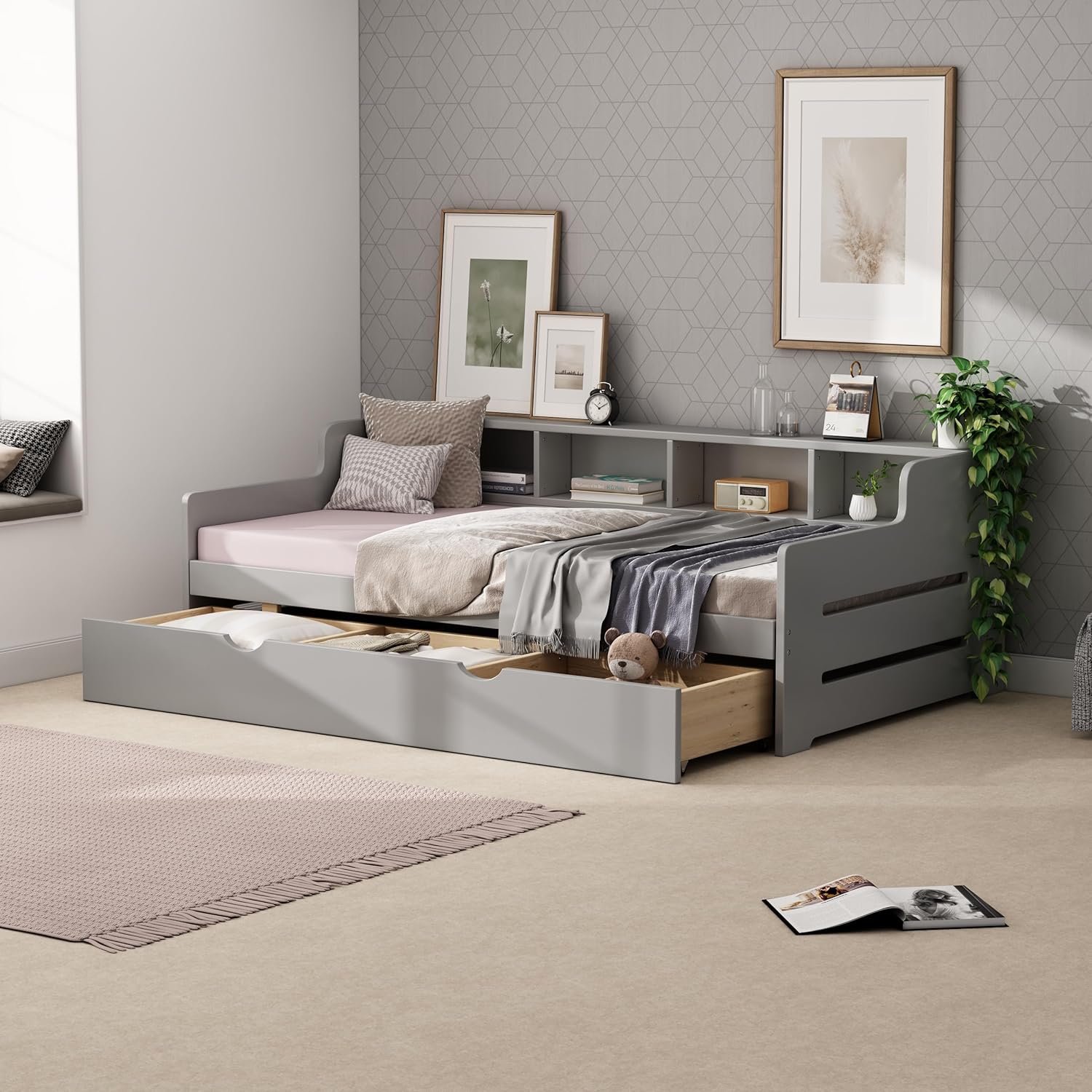 Size Daybed Frame With Bookcase Ad Drawers, Wood Daybed With Storage For Kids Tees Guests, Daybed Frame For Boys Girls, Grey