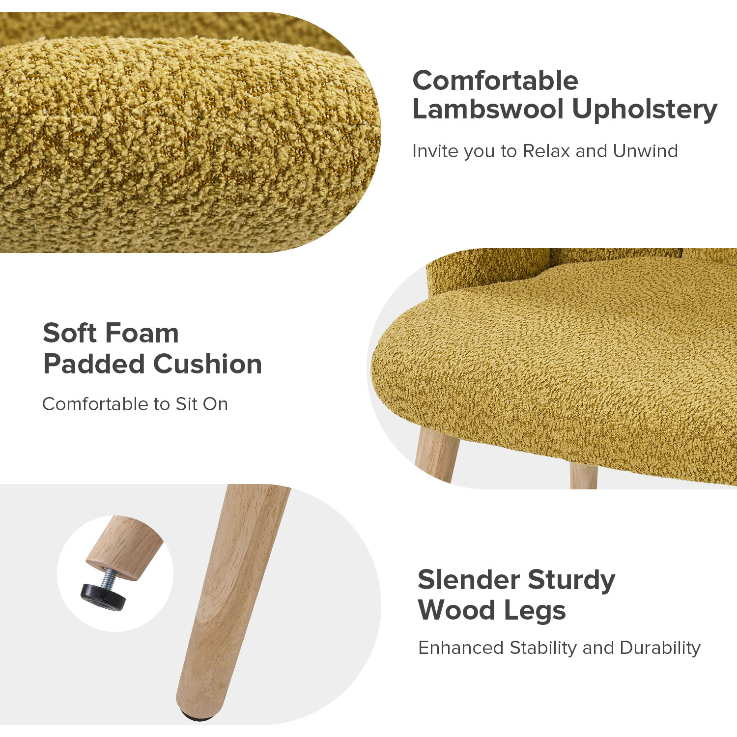 Sherpa Accent Side Chair Set of 2 Tufted Back Dining Chair Wood Legs Vanity Living Bedroom Home Kitchen Mustard