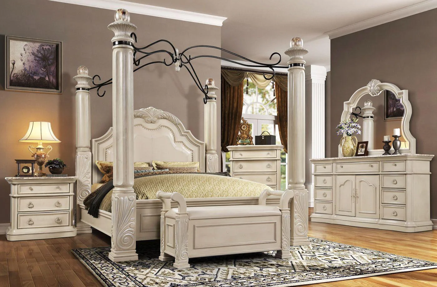 Antique White Solid Hardwood King Canopy Bed McFerran B6006 Classic Traditional
