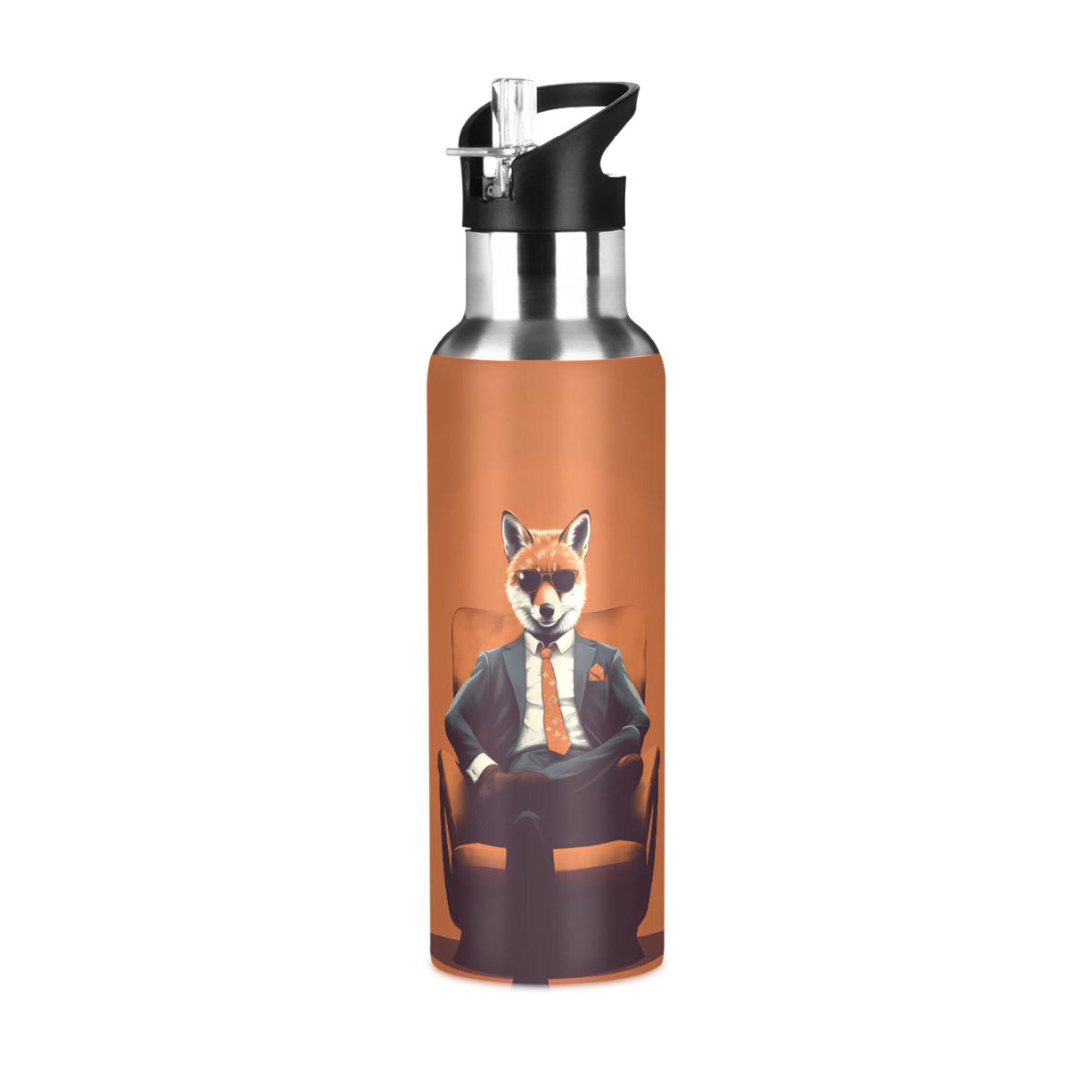 Cool Fox on Sofa Water Bottles Insulated Thermos Kids Stainless Steel Bottle with Straw Lid Flask Leakproof for Sports Gym 20 oz