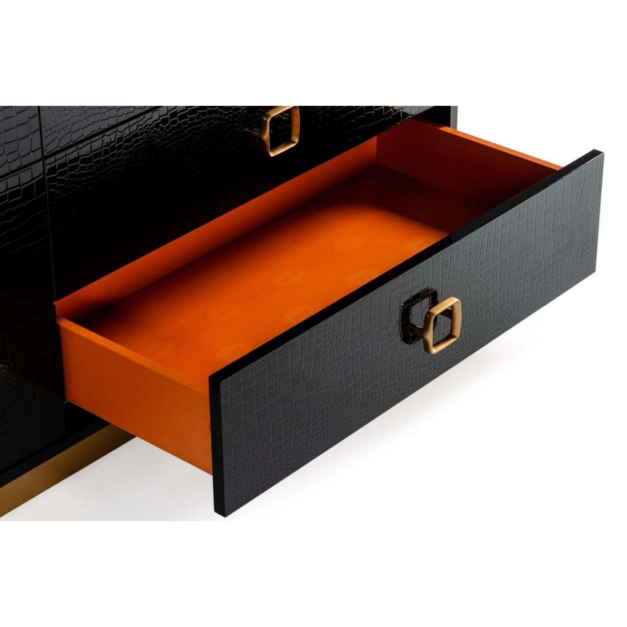 Benjara Hart 63 Inch Dresser, 6 Drawers, Crocodile Skin Texture, Lacquer, Black