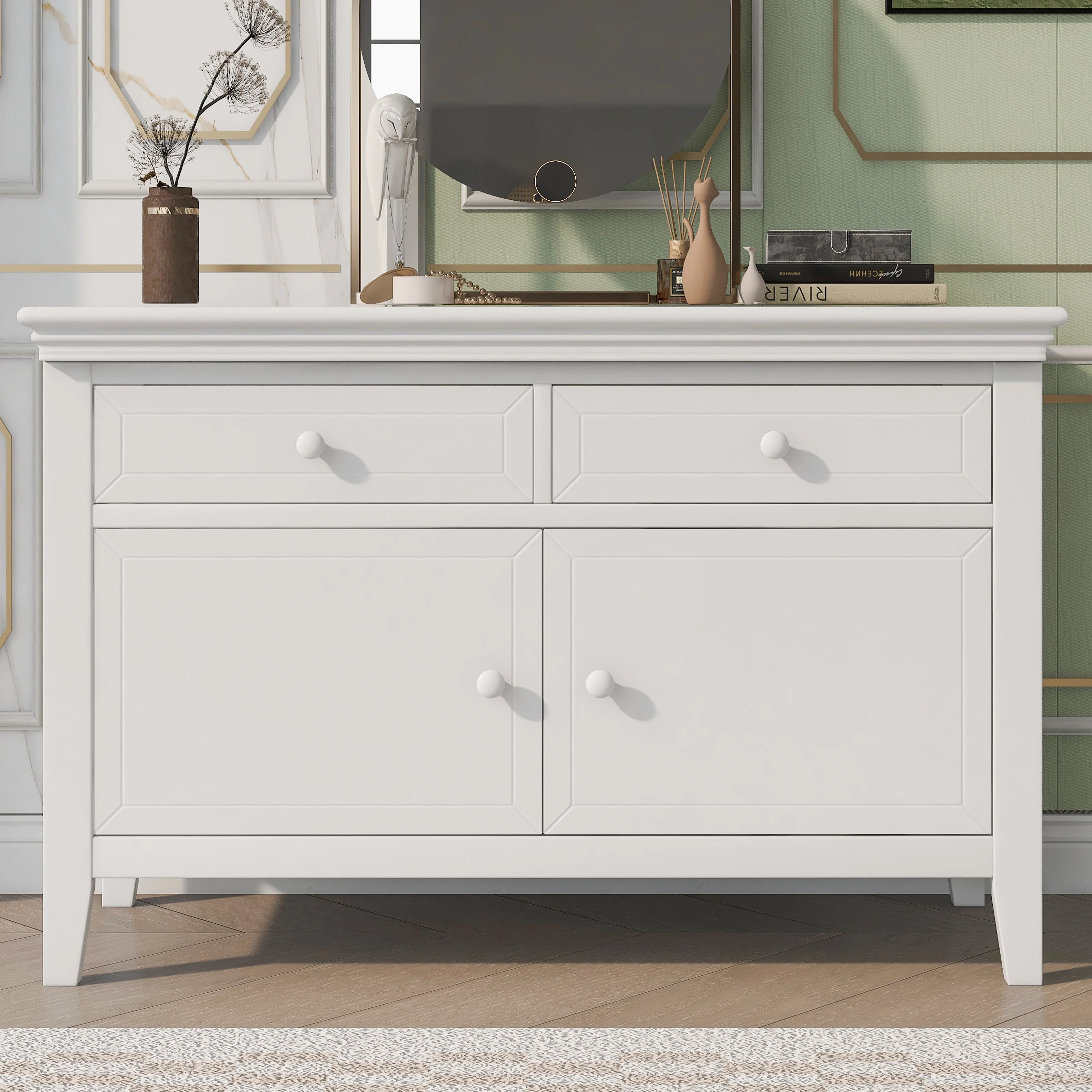 Paproos Dressers for Bedroom, Solid Wood Dresser Storage Chest with 2 Drawers and 2 Cabinets, White