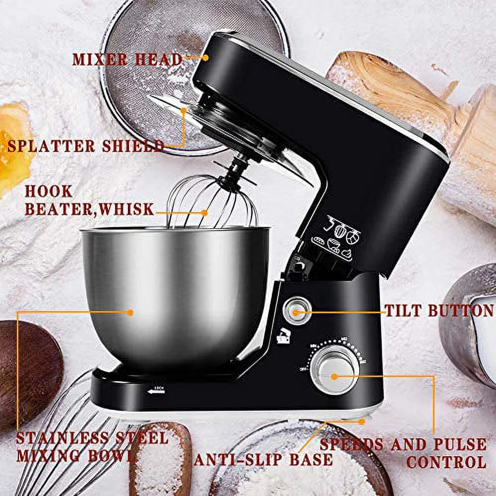 CUSIMAX Dough Mixer Tilt-Head Electric Mixer with 5-Quart Stainless Steel Bowl, Dough Hook, Mixing Beater and Whisk, Black