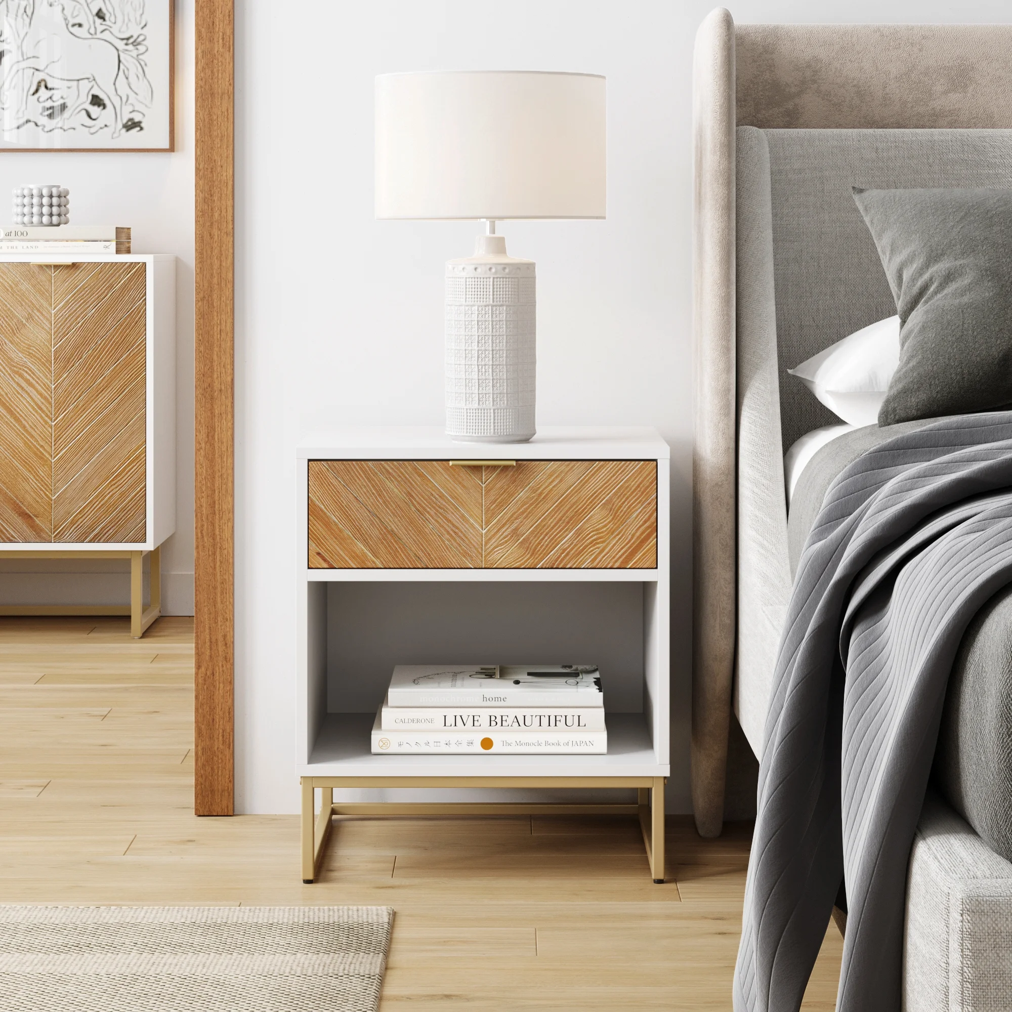 Nathan James Kensi White Nightstand Gold Metal Base with Open Cubby for Storage and Drawer