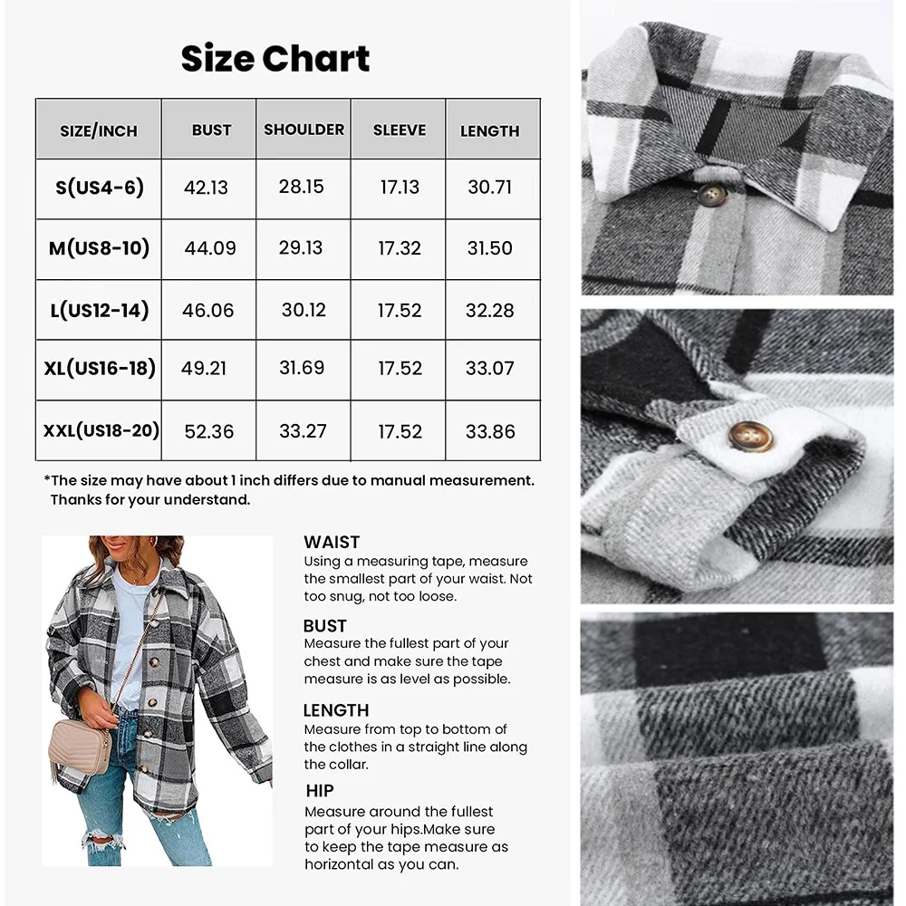 ONLYSHE Women's Plaid Shirts Button Down Shacket Jacket Casual Long Sleeve Cozy Shirts Jacket With Pockets