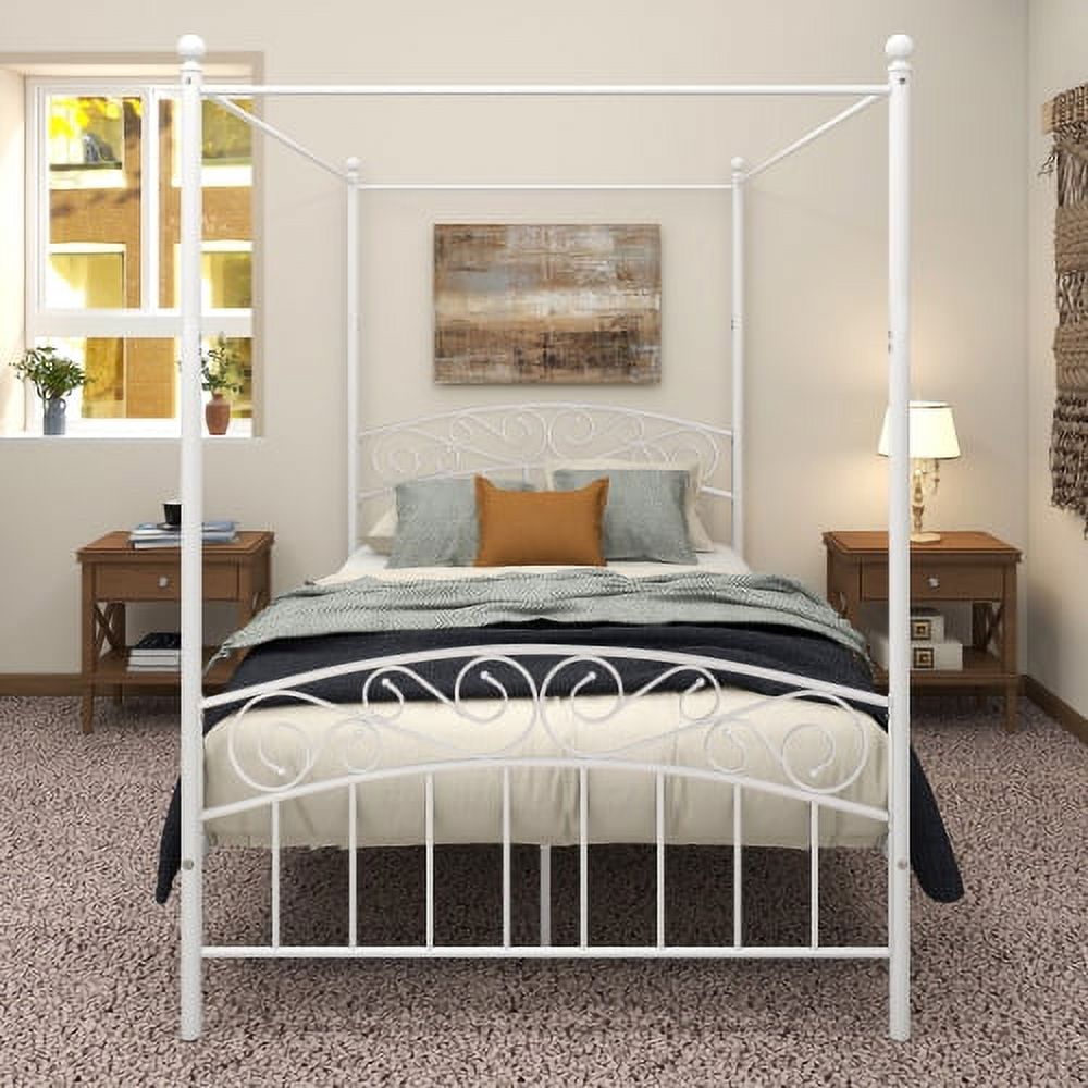 Full Size Canopy Bed Frame with Headboard & Footboard, No Box Spring Needed, White