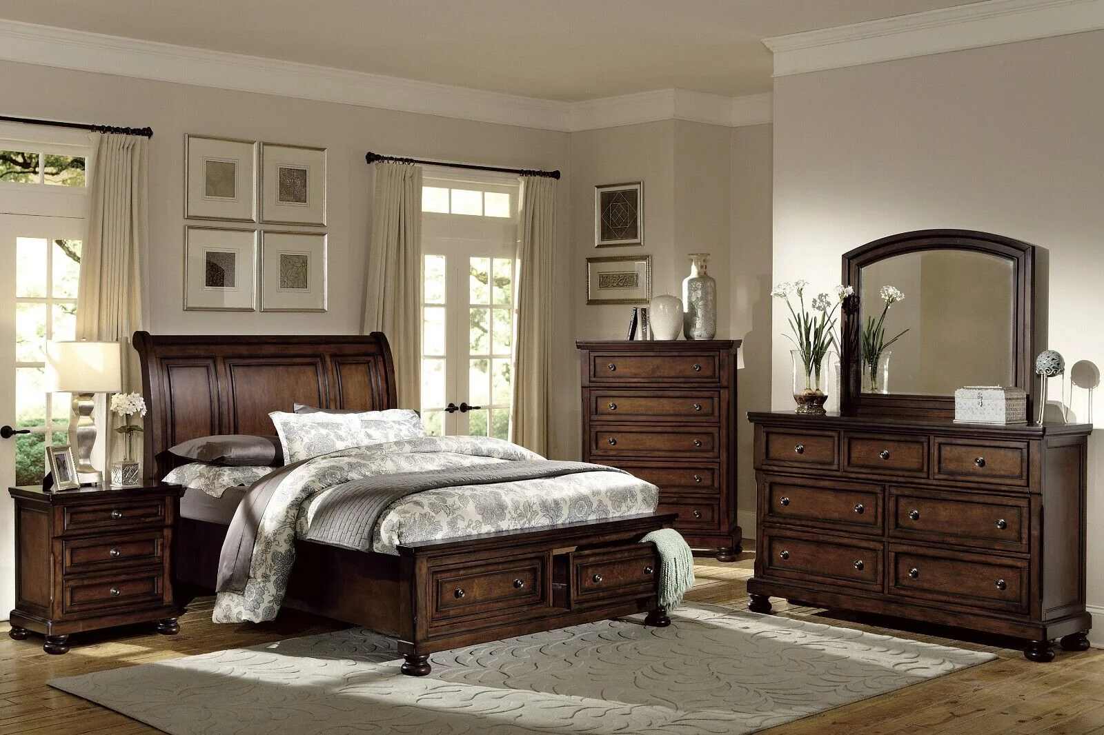 Brown Cherry Finish 5pc Bedroom Set Eastern King Platform Bed Two Nightstands Dresser Mirror Traditional Set Storage Bed
