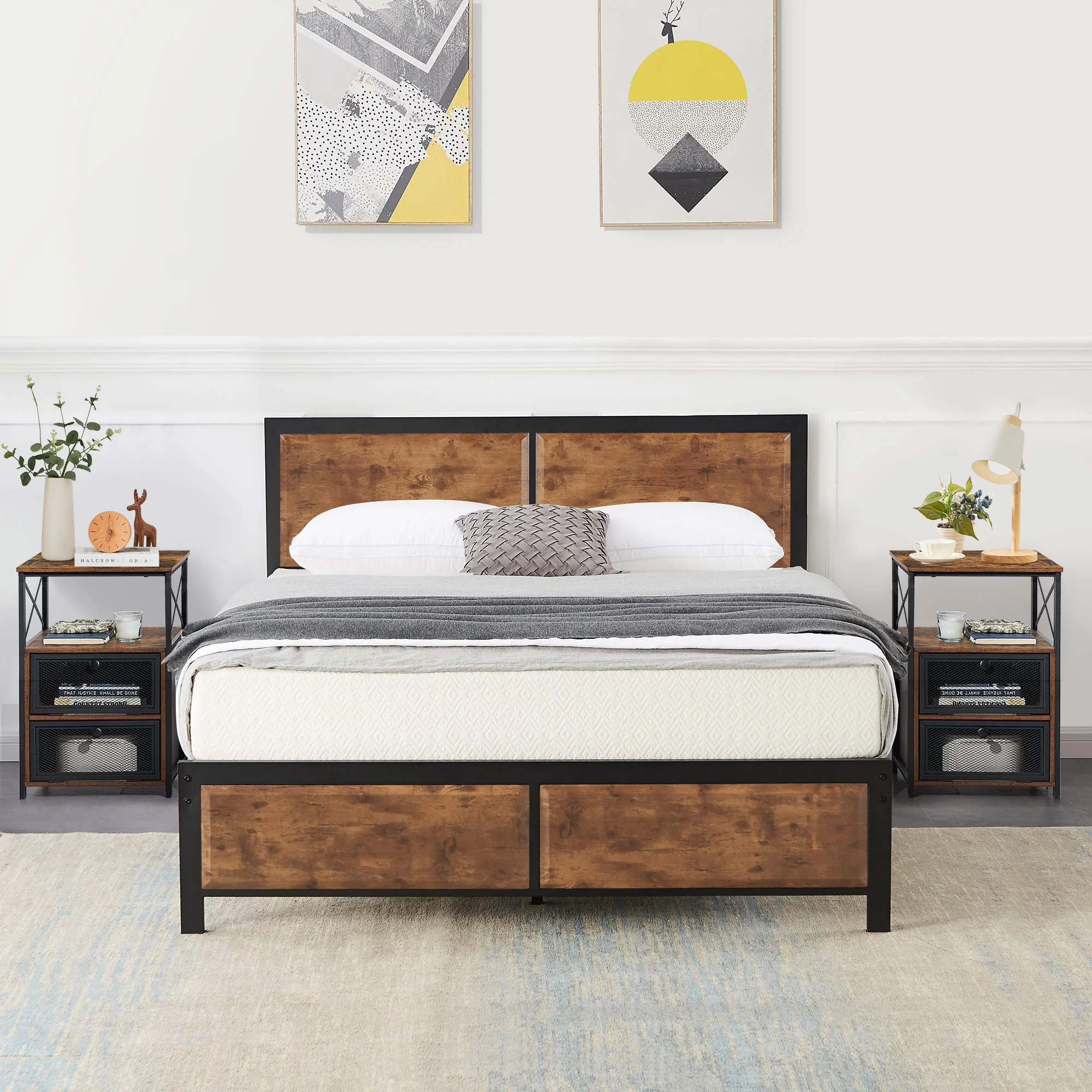 VECELO 3-Piece Queen Bedroom Sets with Wooden Headboard Bed Frame and 2 Brown Nightstands