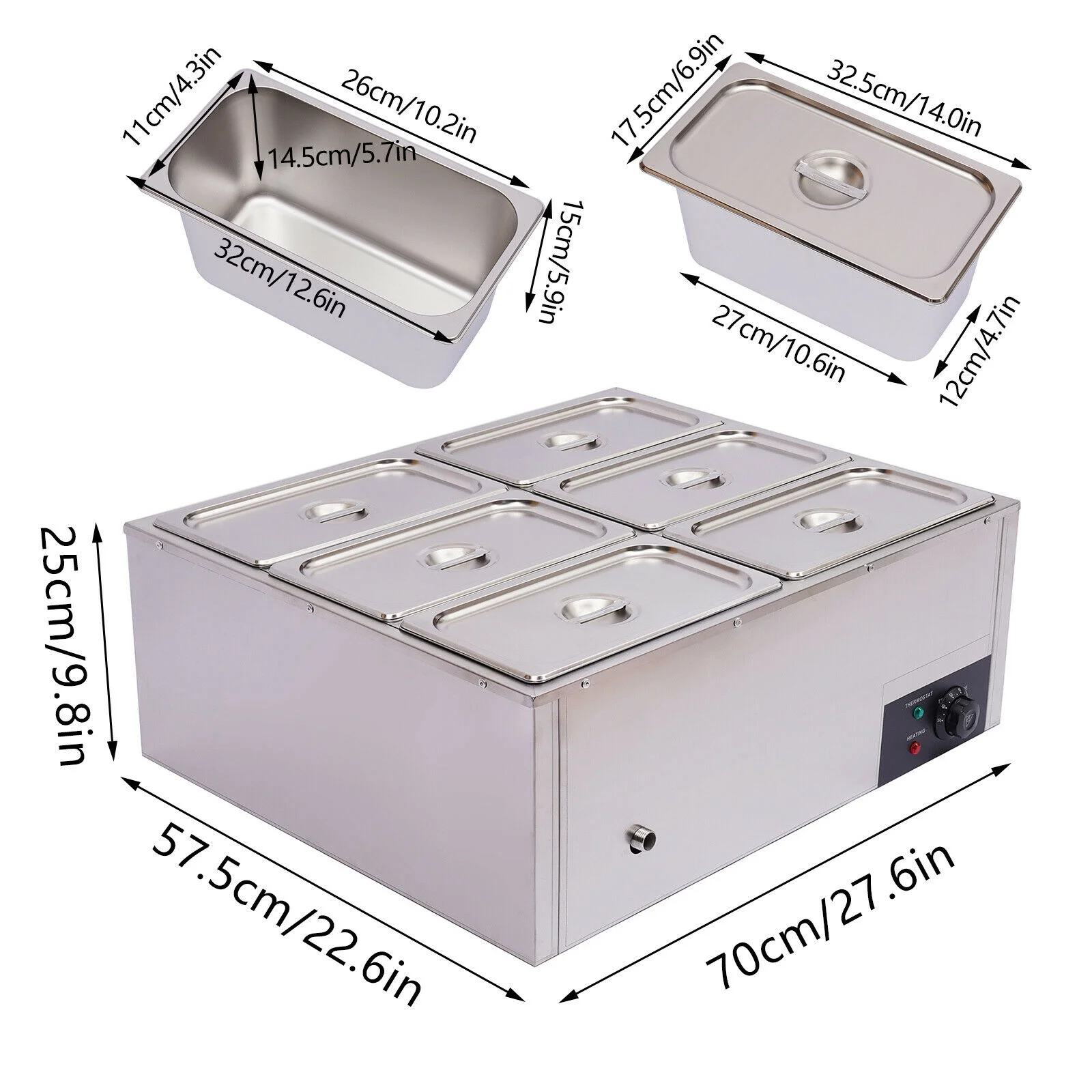 850W Commercial 6-Pan Food Warmer Electric Table Steamer Heater with Lid for Catering