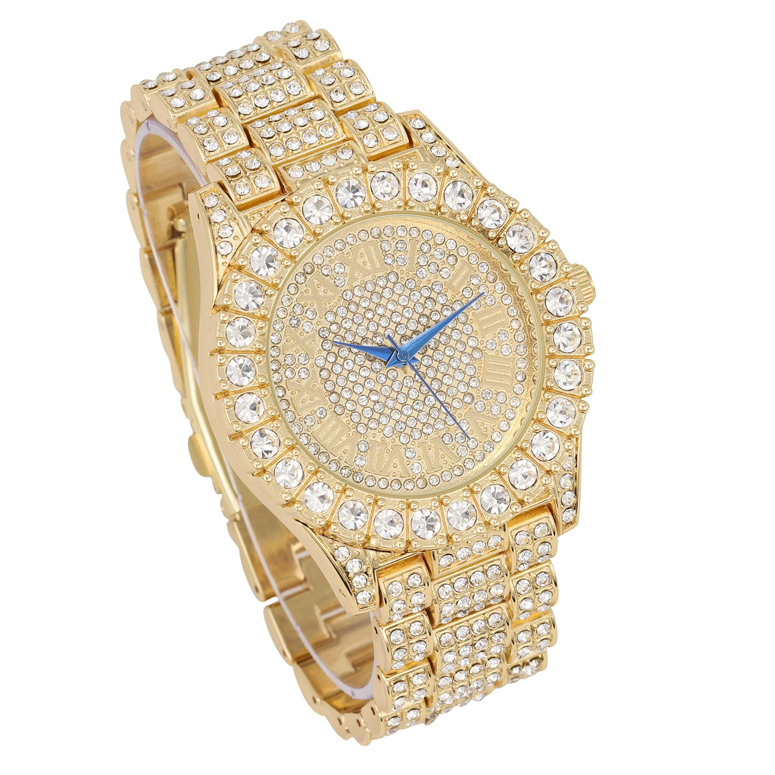 Charles Raymond Mens Big Rocks Bezel - Dial with Roman Numerals Fully Iced Out Watch w/Cuban Chain Bracelet & Ring - ST10327SET3PC (8,Gold)