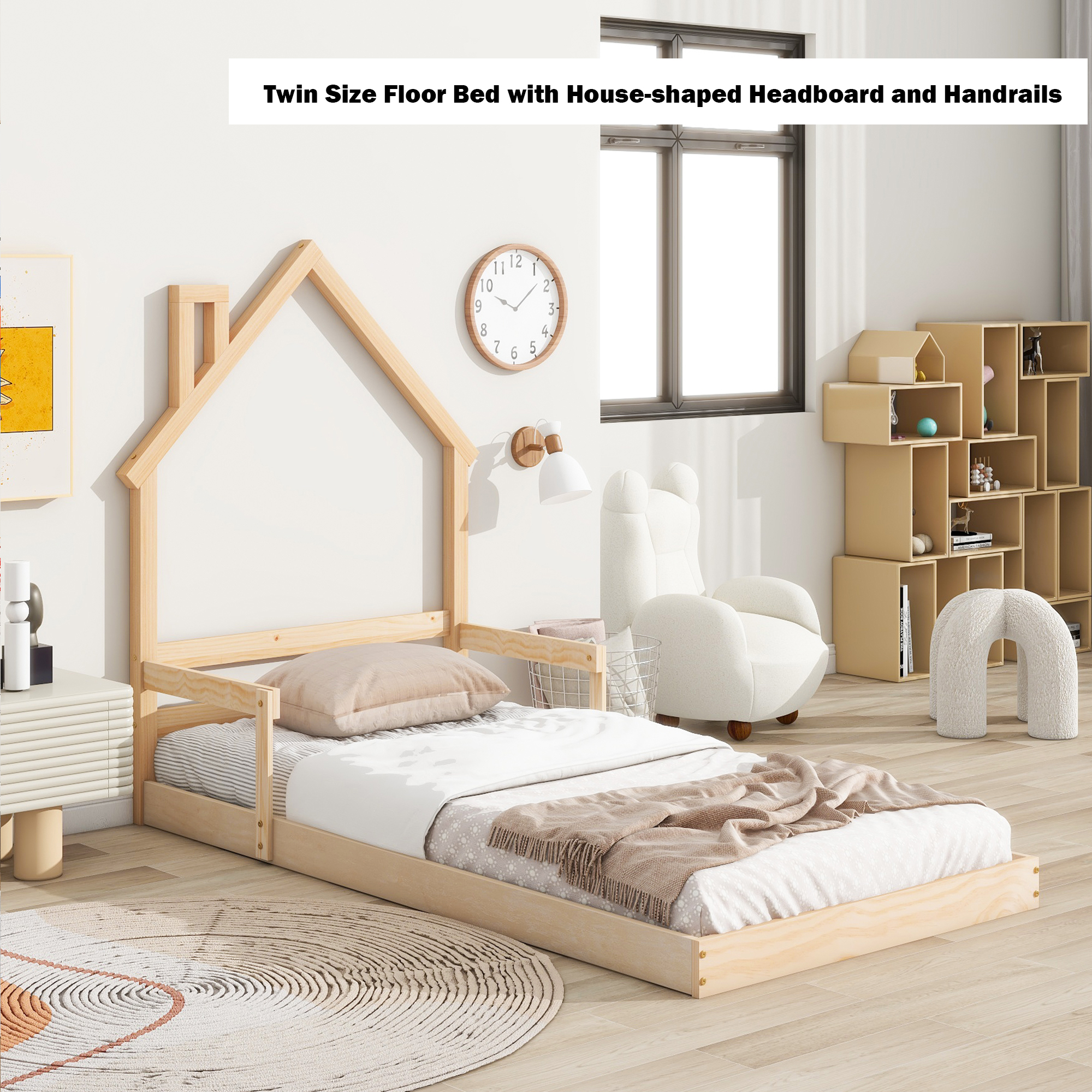 Bellemave Twin Size Floor Bed with House-shaped Headboard and Handrails Twin Wood Bed Frame with Wooden Slats Montessori House Bed Low Floor Bed for Kids,Toddlers,Boys,Girls (Twin,Natural)