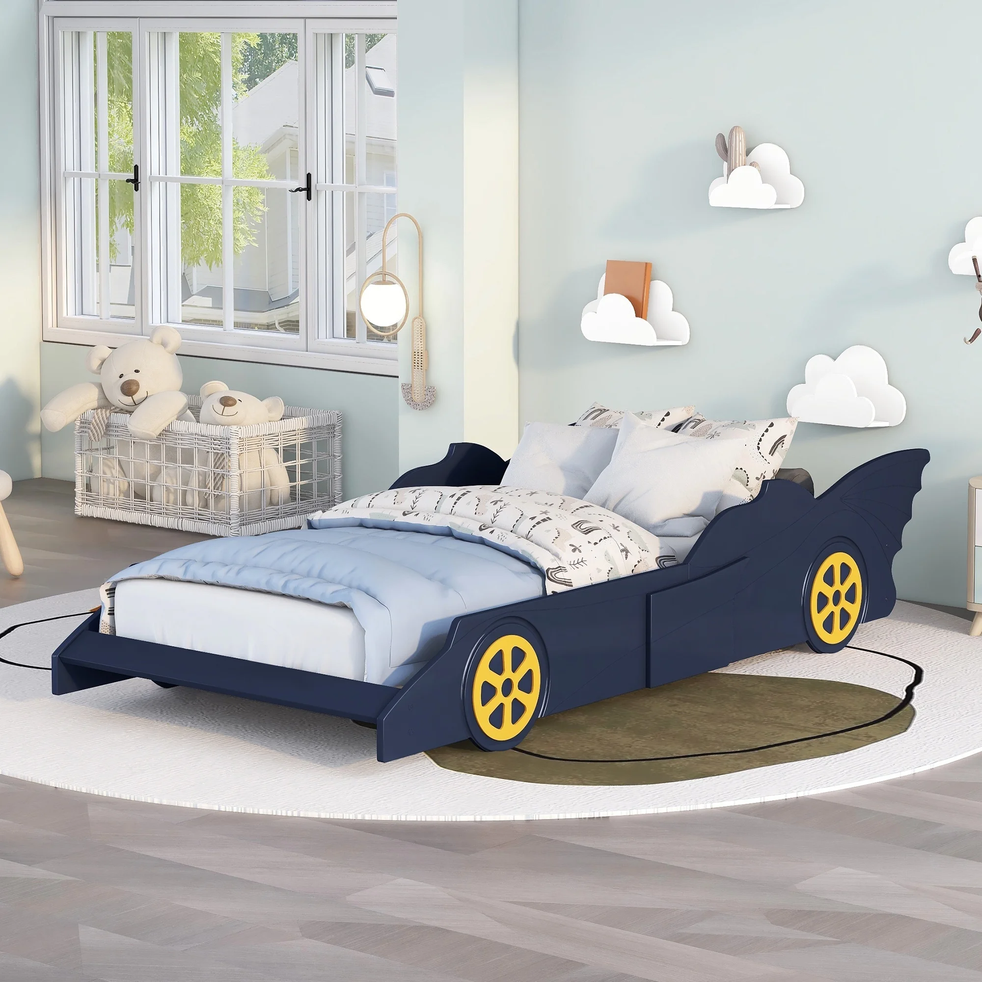 Dawn Whisper Twin Size Race Car-Shaped Platform Bed with Wheels, Blue/Yellow