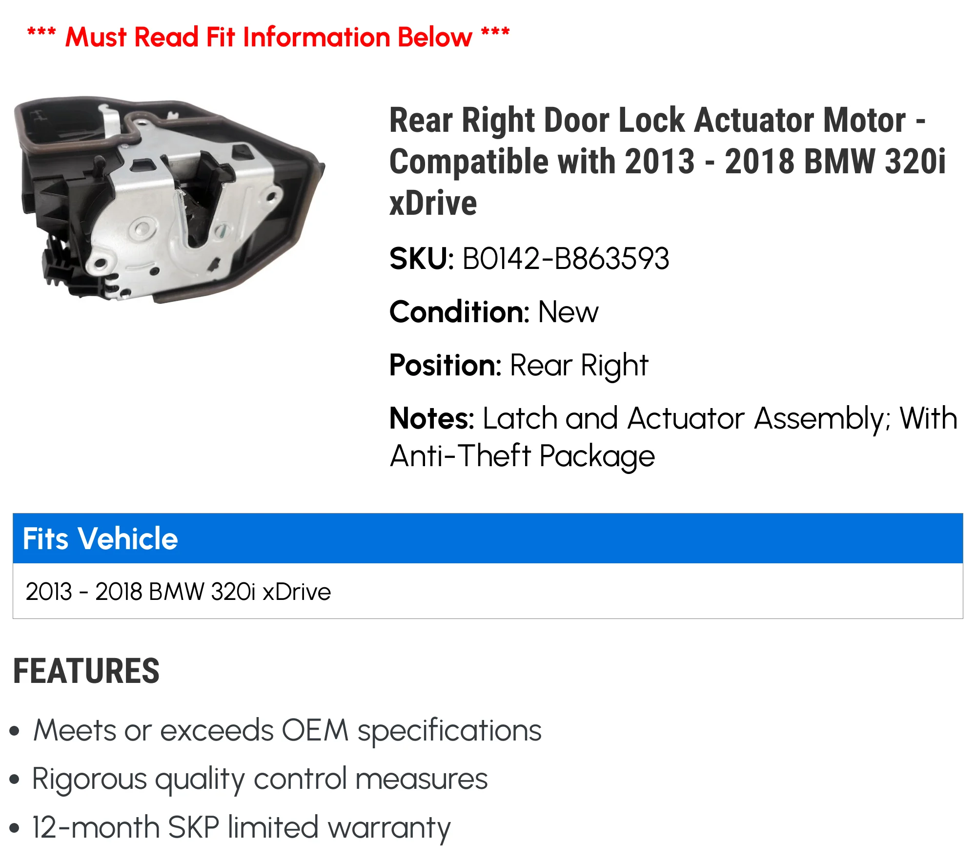 Rear Right Door Lock Actuator Motor - Compatible with 2013 - 2018 BMW 320i xDrive 2014 2015 2016 2017