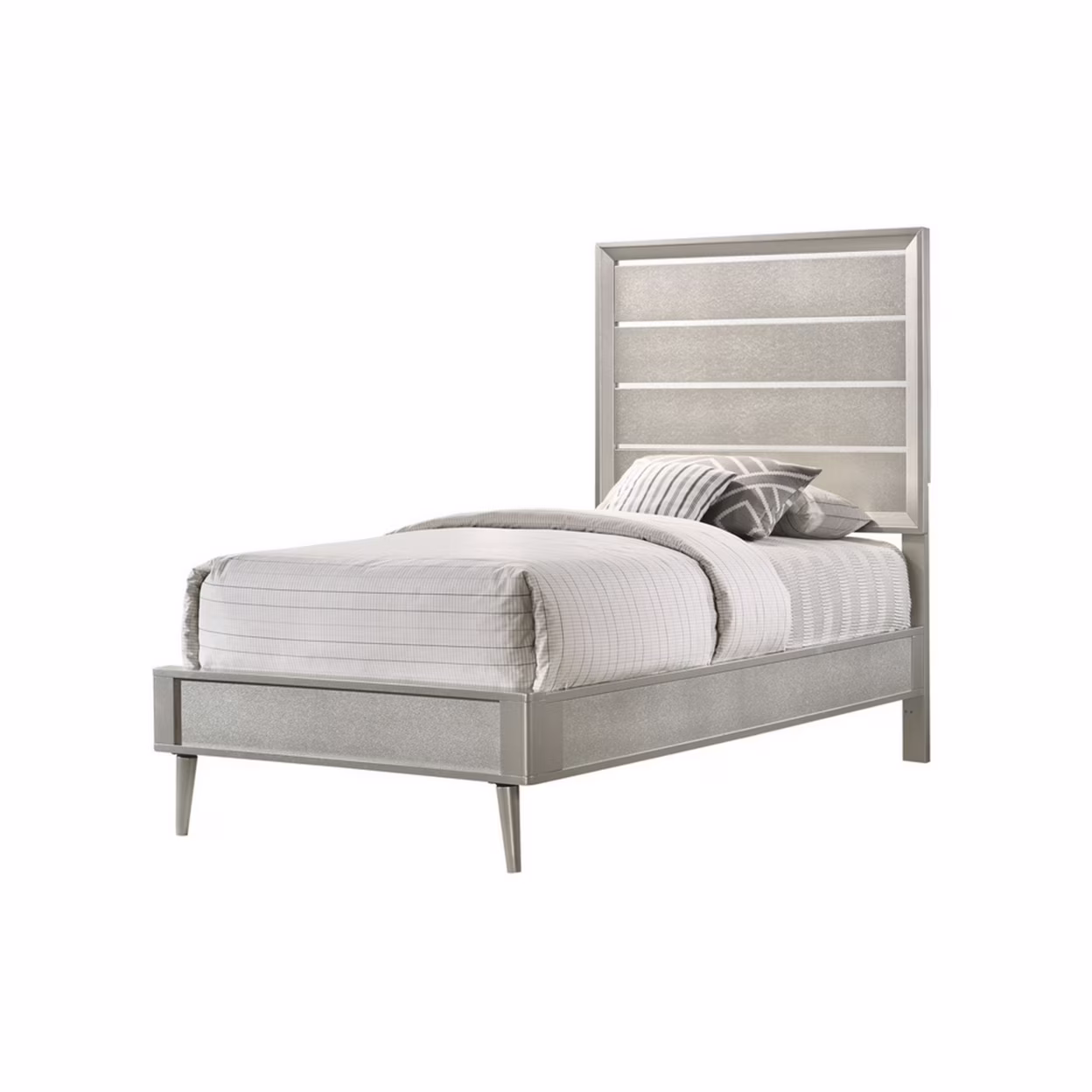 Panel Design Twin Bed with Plank Style Headboard and Mirror Inlay Silver- Saltoro Sherpi
