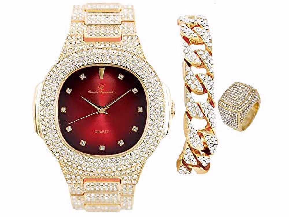 Bling-ed Out Oblong Case Mens PP Look Watch with Blood Red Dial, Matching Bling-ed Out Cuban Bracelet and King Ring Set - 8475 CR Cuban Set (9, Red - Gold)