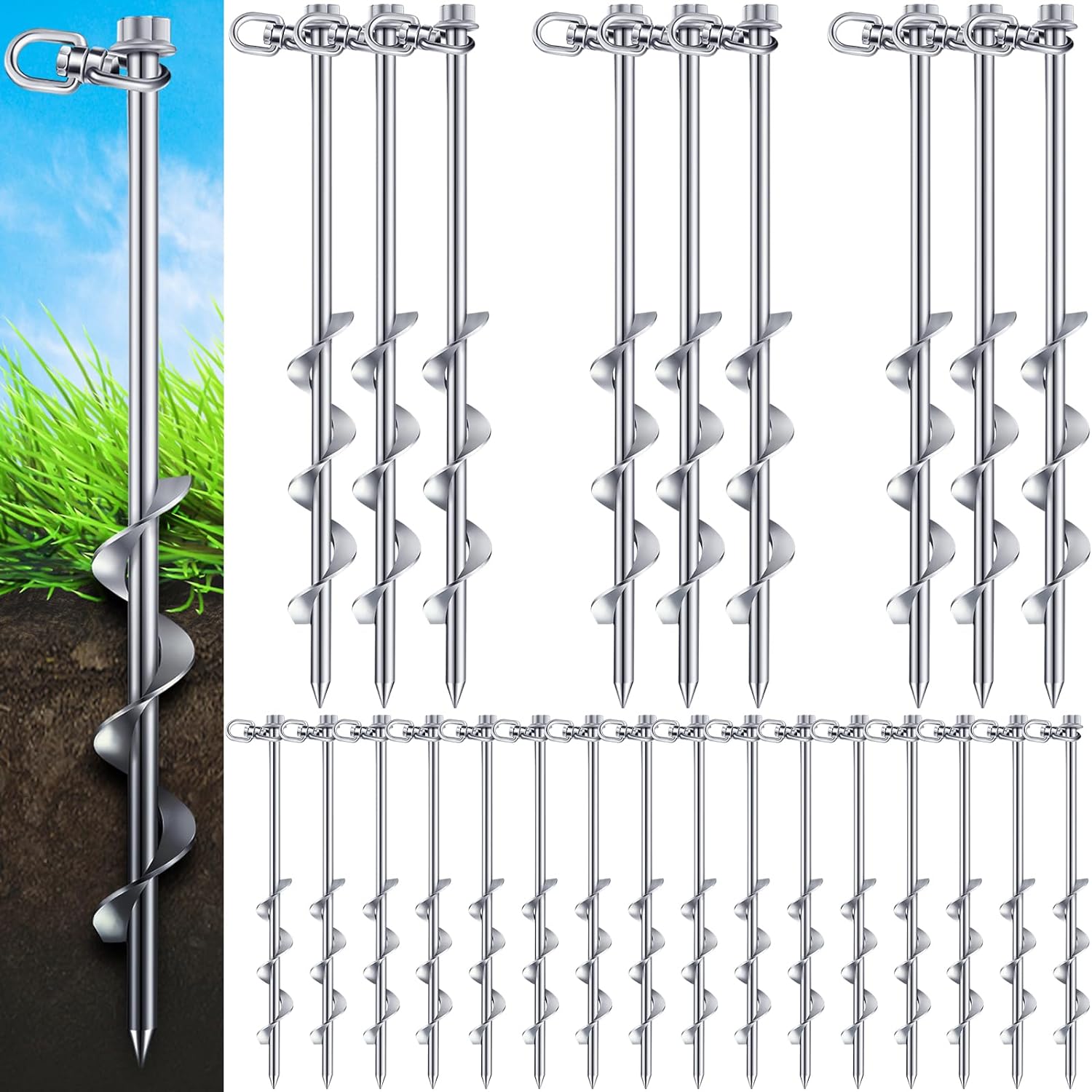 24 Pcs Ground Anchors Screw in, 12 Inch Heavy Duty Tent Stakes with Trampoline Anchor Hook Ground Stakes for Camping Tent Canopies Ports Sheds Swing Sets Securing Animals (Silver)