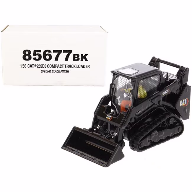 1-50 Diecast CAT Caterpillar 259D3 Skid Steer Loader with Work Tools Special Black Paint & Operator High Line Series Model