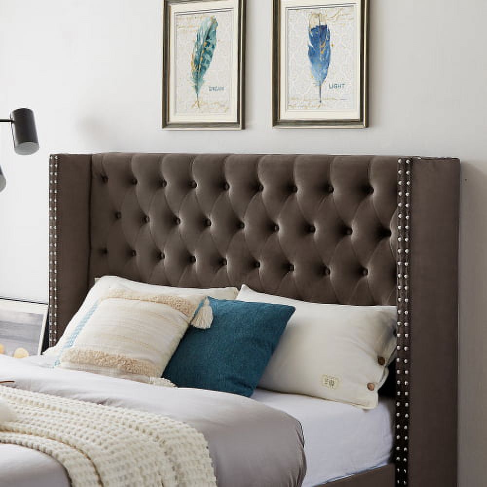 King Bed, Button Designed Headboard,Strong Wooden Slats + Metal Legs With Electroplate