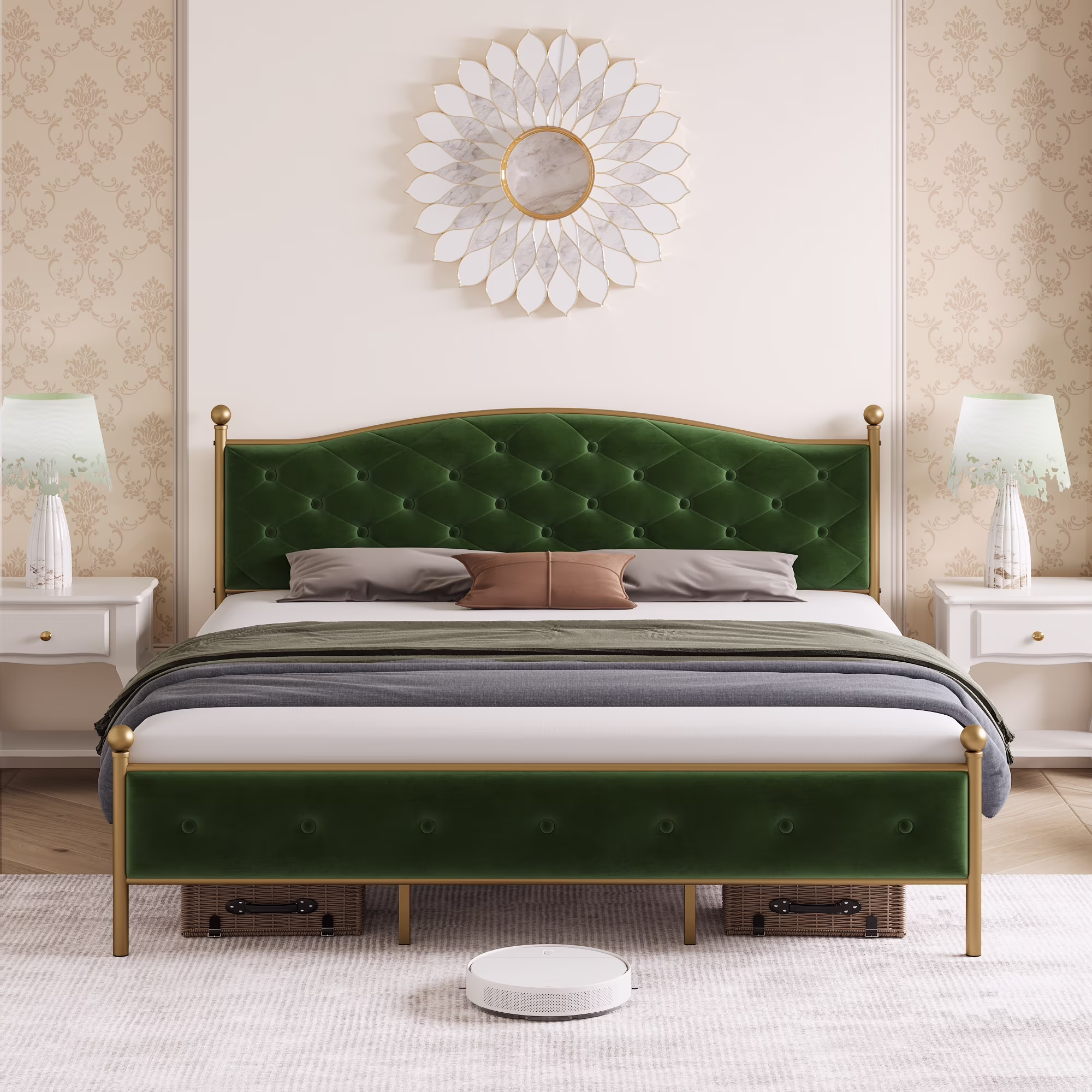 WhizMax Easy Assembly Velvet Upholstered Full Size Platform Bed Frame with Sturdy Wood Slat Supports in Green