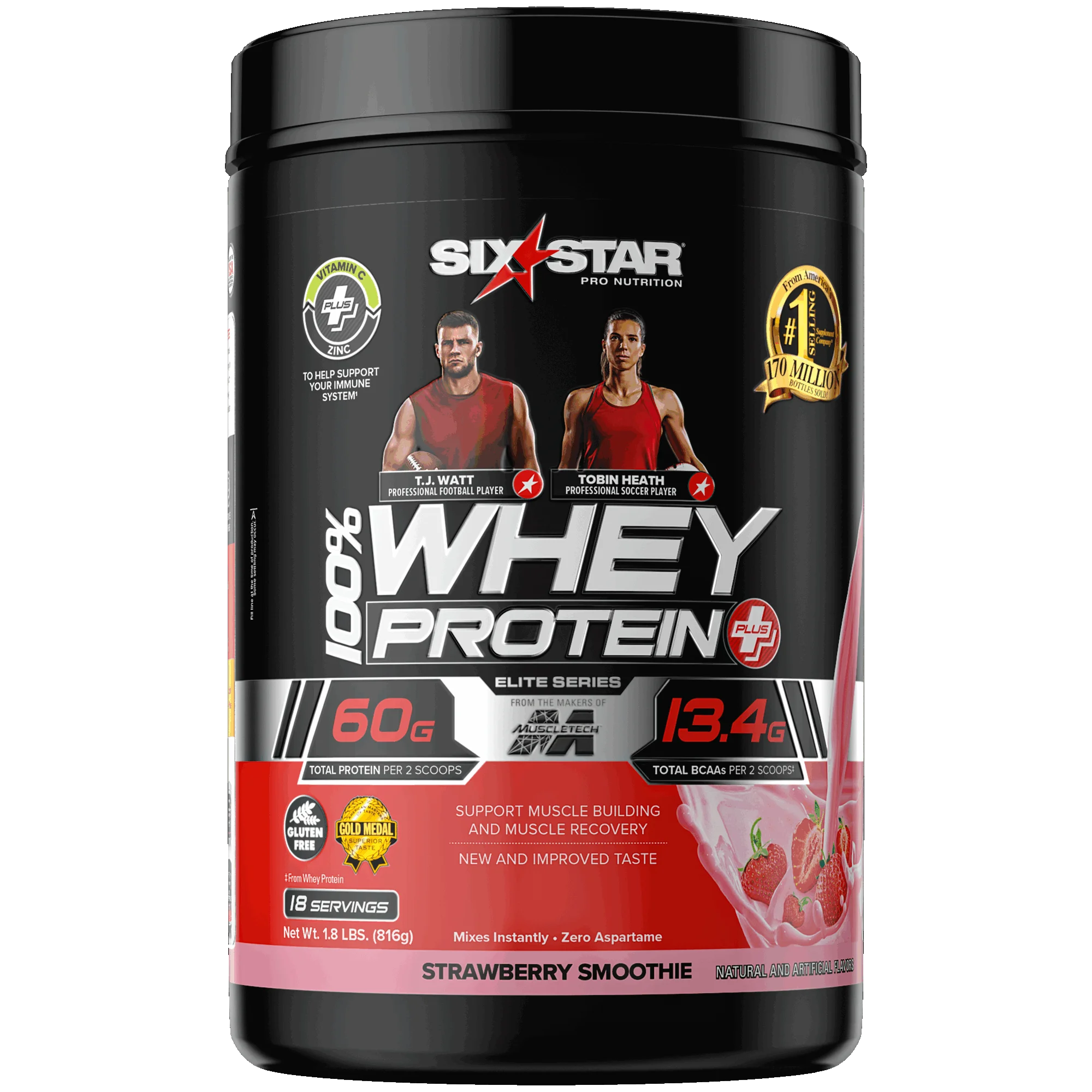 Six Star Pro Nutrition 100% Whey Protein Powder Plus, 30g Protein, Strawberry Smoothie, 1.80 lbs