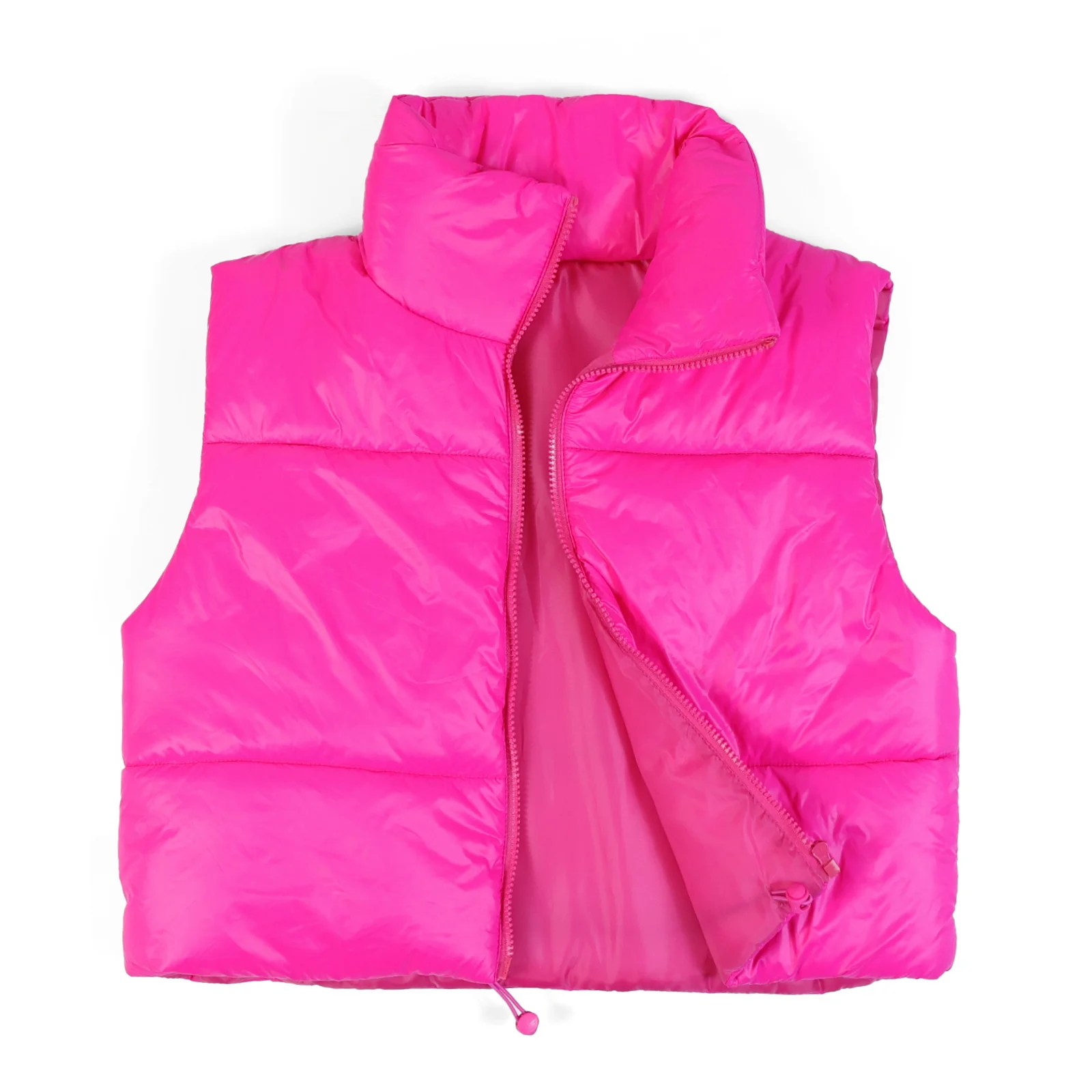 Hotian Women Winter Crop Puffer Vest Jacket Sleeveless Padded Gilet Hot Pink M