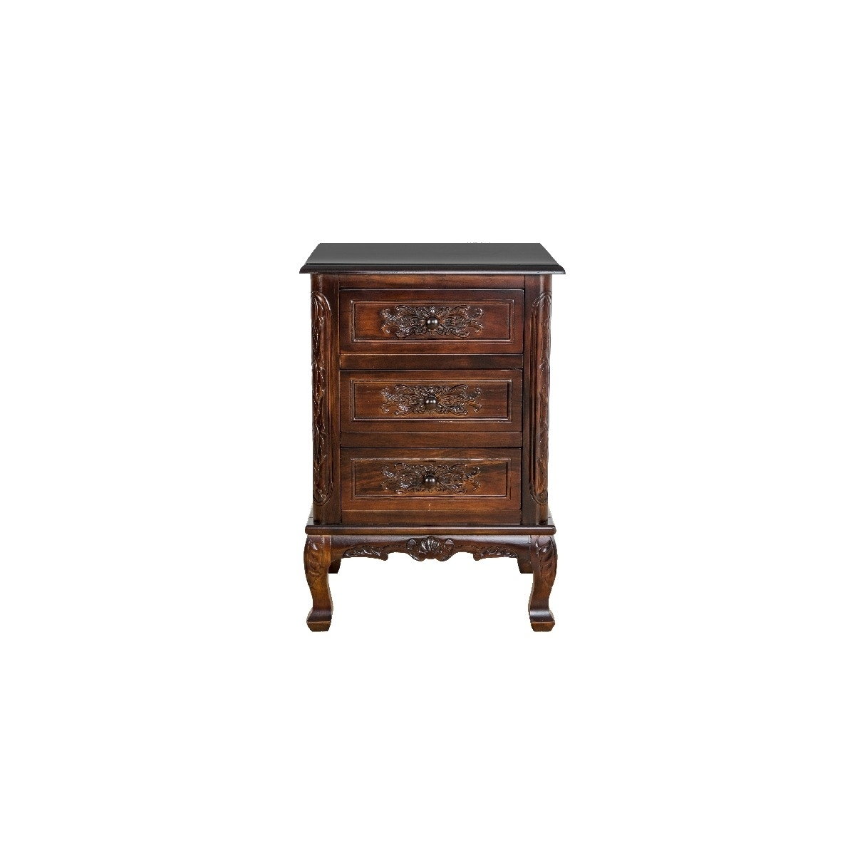 Traditional 3 Drawer Chest with Wooden Carvings and Cabriole Feet, Brown- Saltoro Sherpi