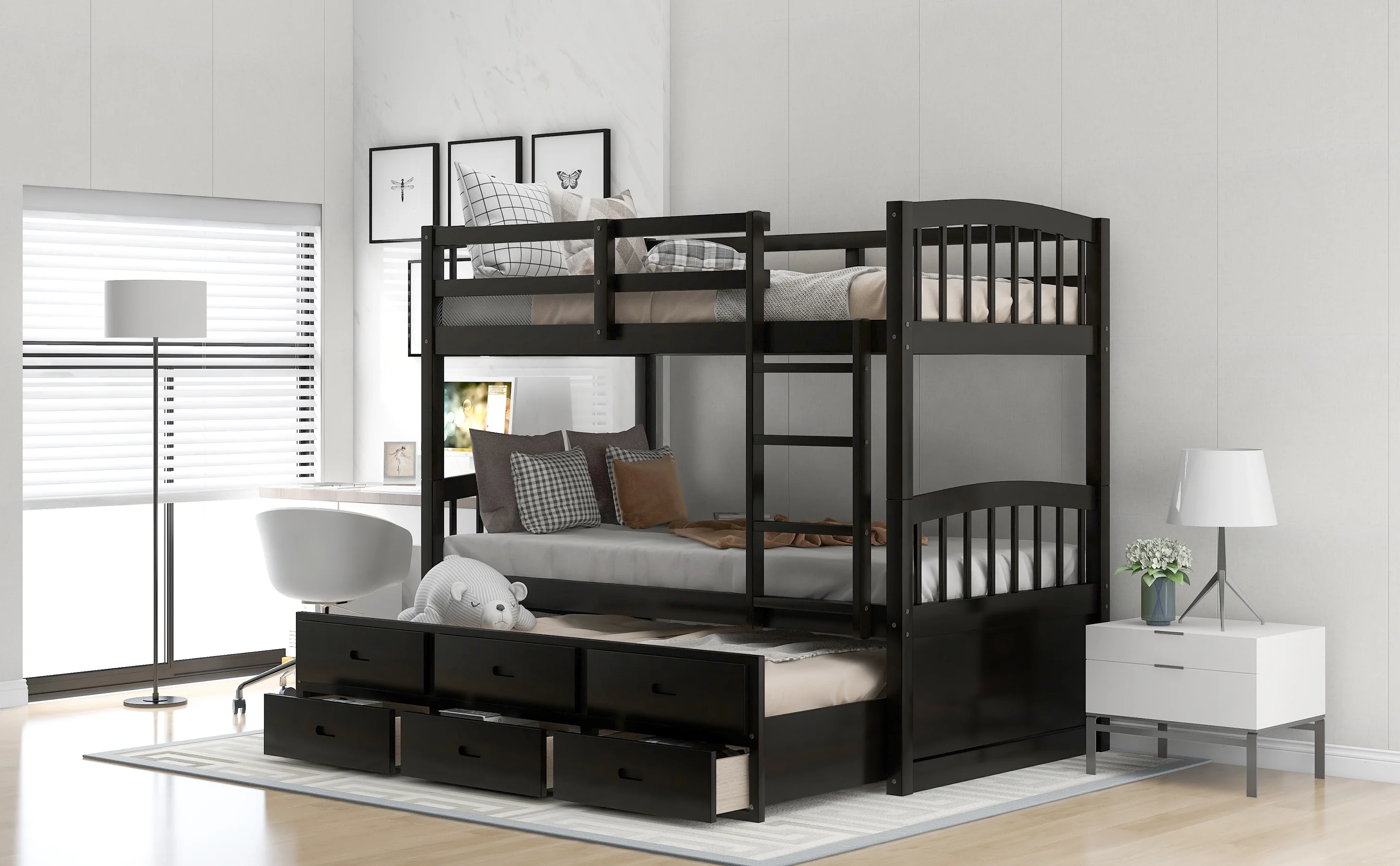 CoSoTower Twin Over Twin Wood Bunk Bed With Trundle And Drawers, Espresso