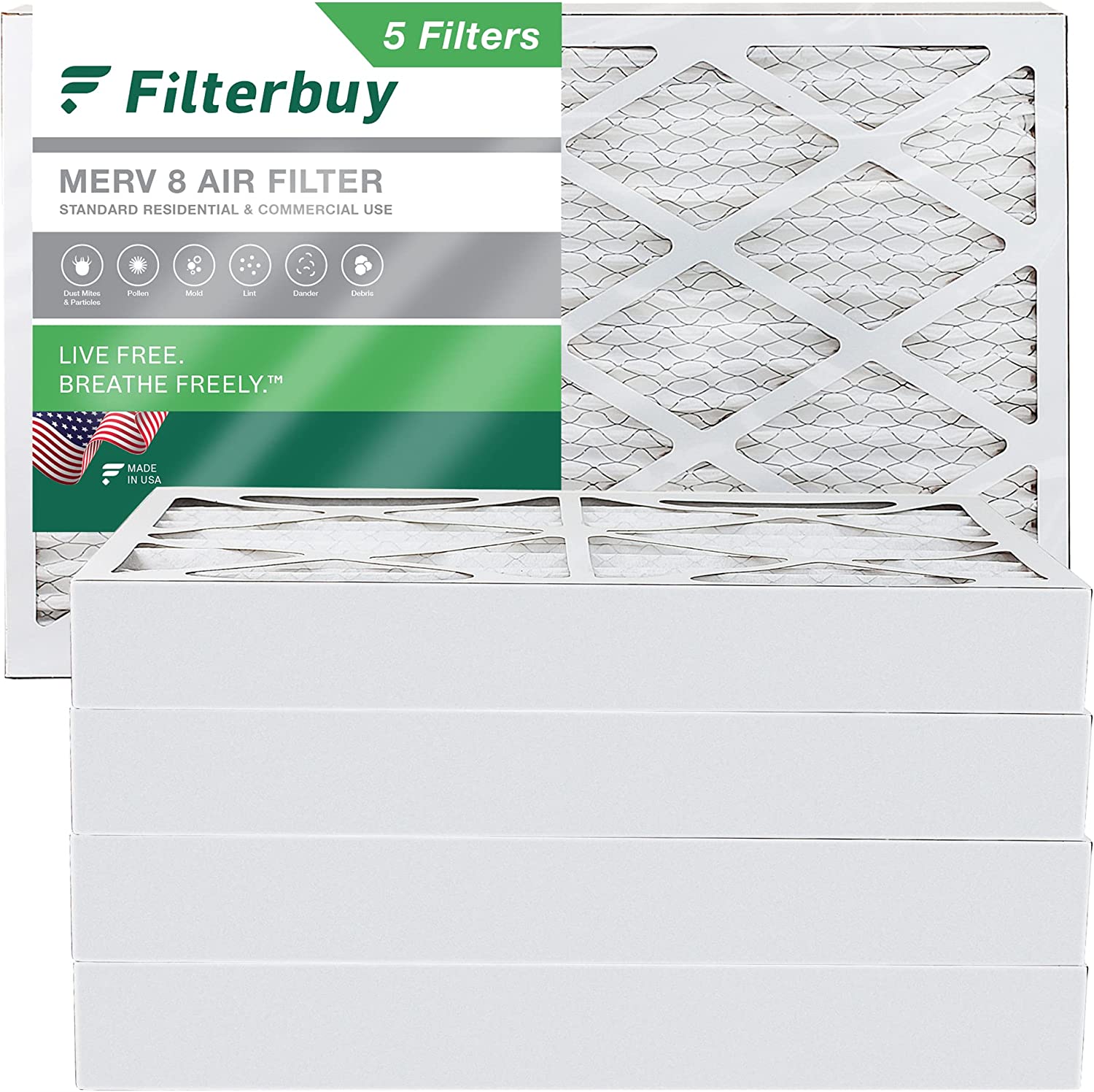 Filterbuy 12.5x21x4 MERV 8 Pleated HVAC AC Furnace Air Filters (5-Pack)