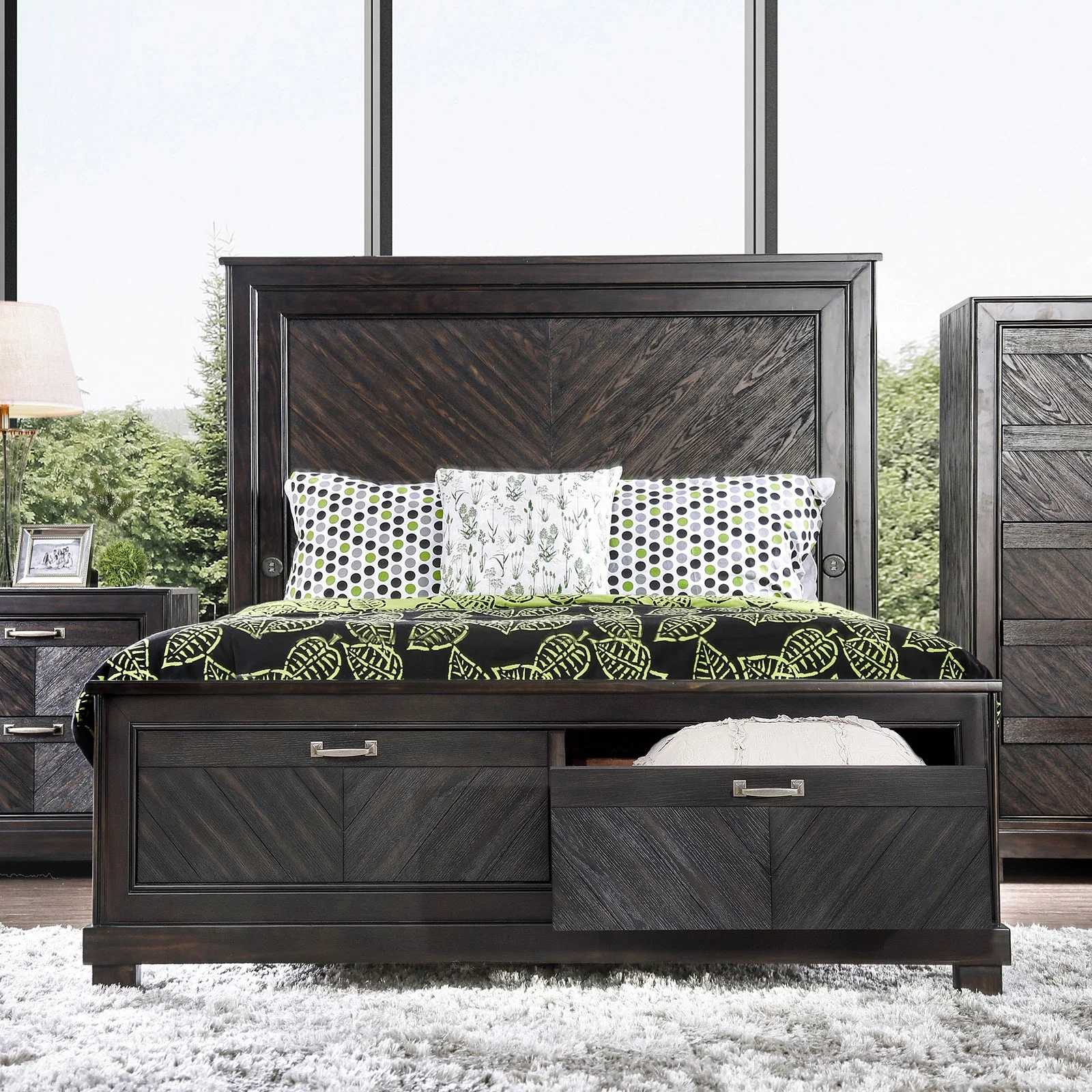 Transitional Look Espresso Solid wood Eastern King Size Bed 1pc Plank Design High HB Drawers FB Bedroom Furniture Veneers