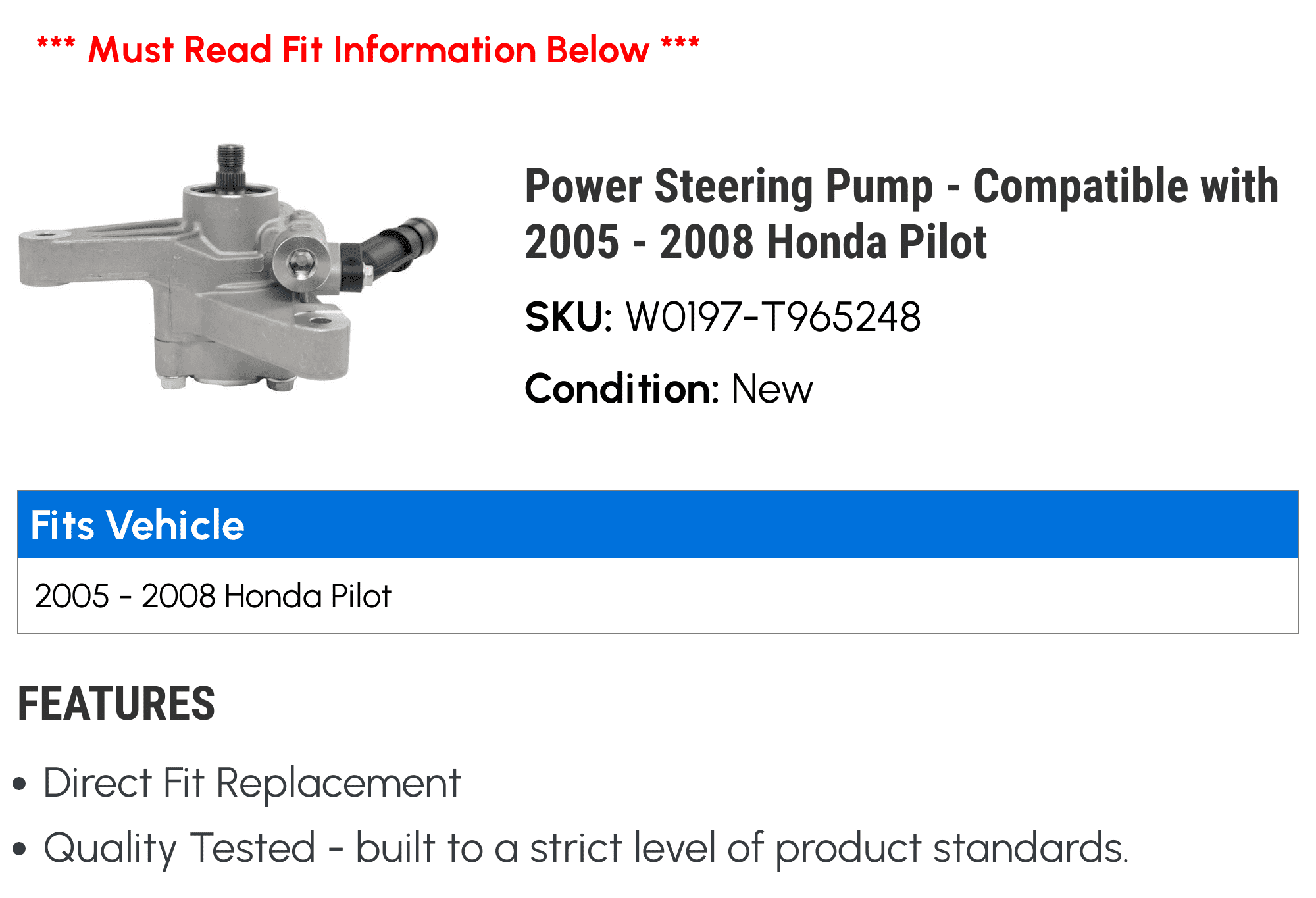 Power Steering Pump - Compatible with 2005 - 2008 Honda Pilot 2006 2007