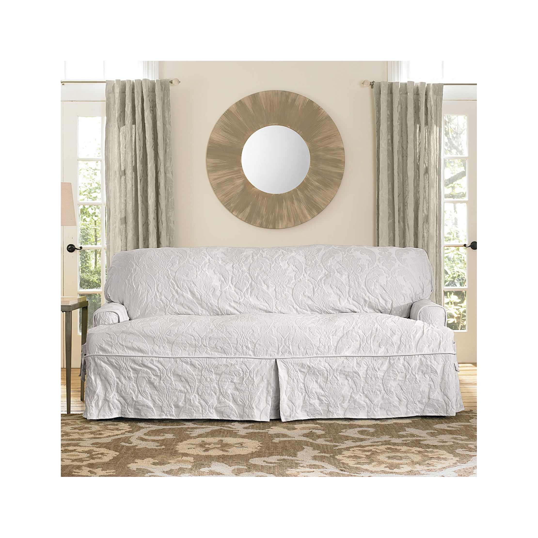Matelasse Damask T-Sofa Slipcover White -