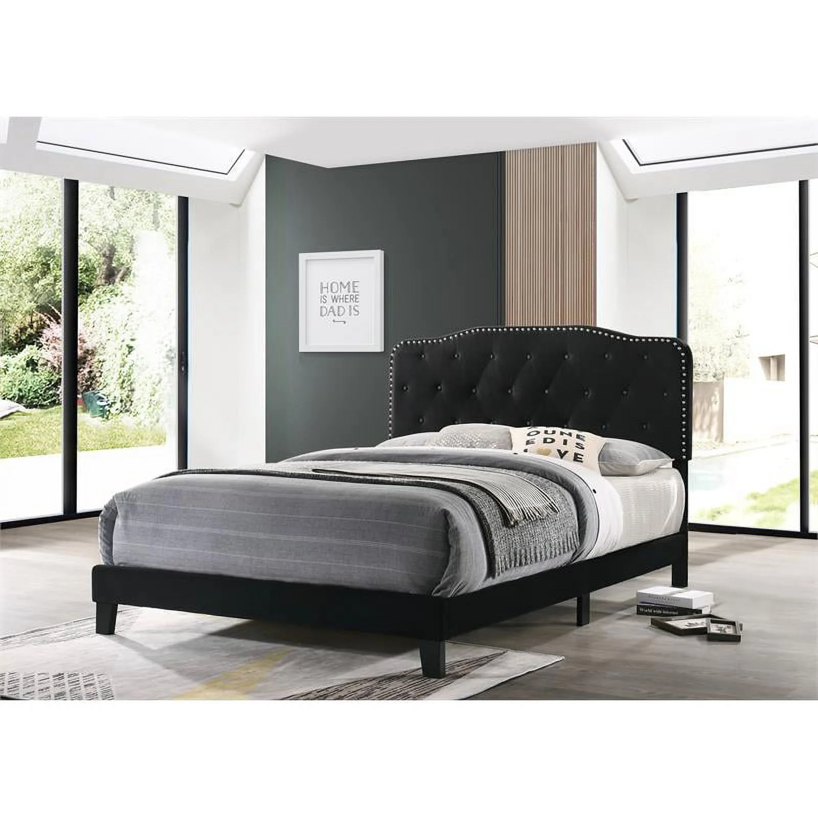 Maklaine Black Velvet Upholstered Panel Bed with Silver Nailhead - Full