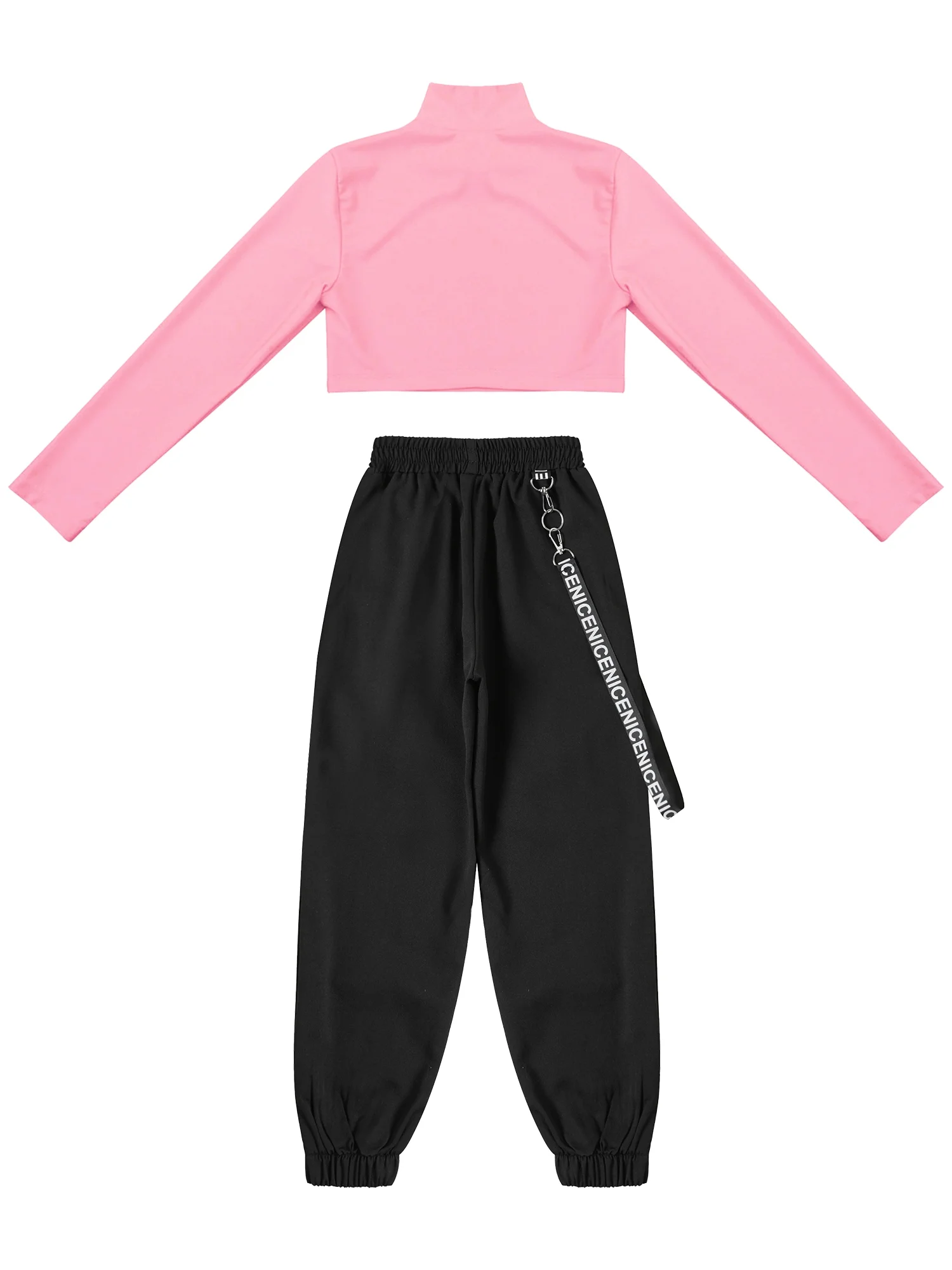 iiniim Kids Girls 2-Piece Hip Hop Dance Outfits Long Sleeve Mock Neck Crop Tops with Chain Pocket Sweatpants