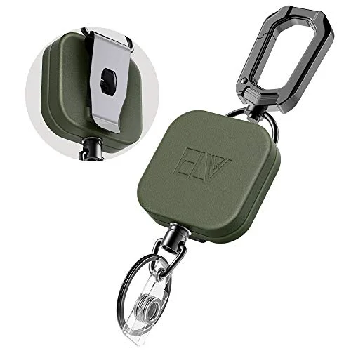 ELV Retractable ID Badge Holder, Heavy Duty Metal Body and Upgraded Cord, Carabiner Key Chain Metal Keychain with Belt Clip and 31 inch Wire Extension, Hold Up to 15 Keys and Tools Green