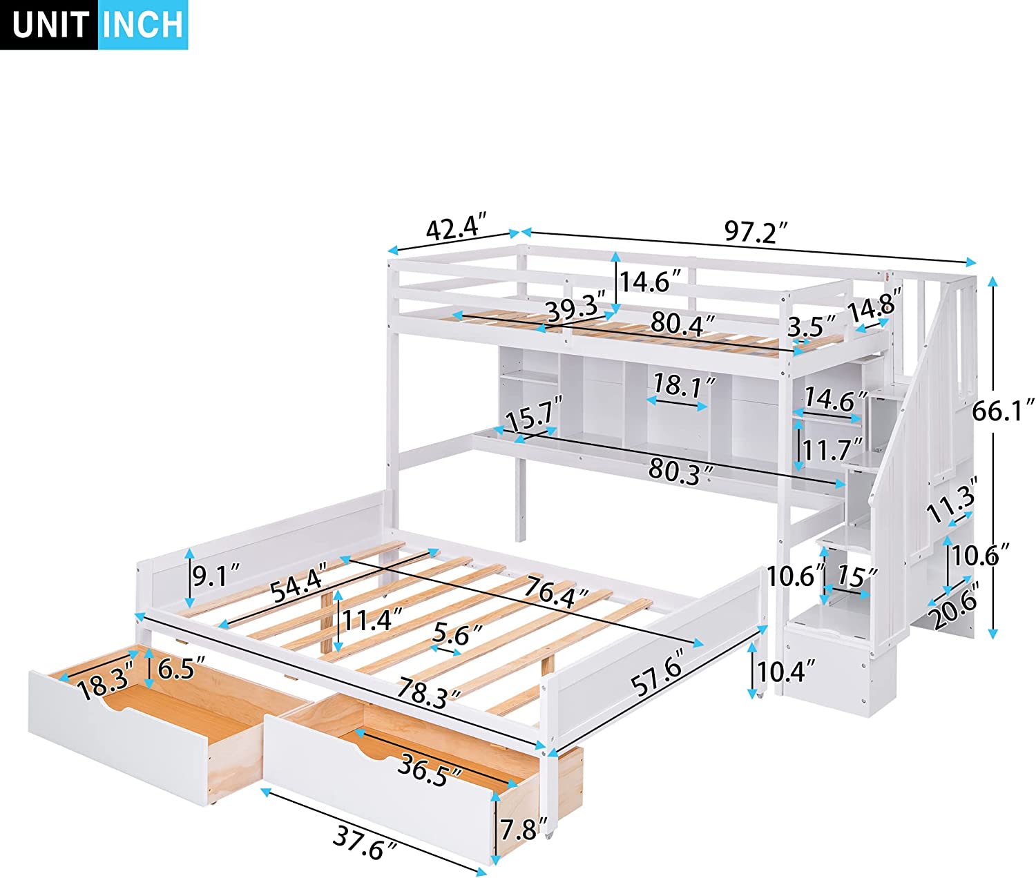 XL Over Full Bunk Bed With Stairs, Solid Wood Bunk Bed With Storage Shelves & Drawers, Movable Lower Bed Design, For Kids Teens Adults (White)