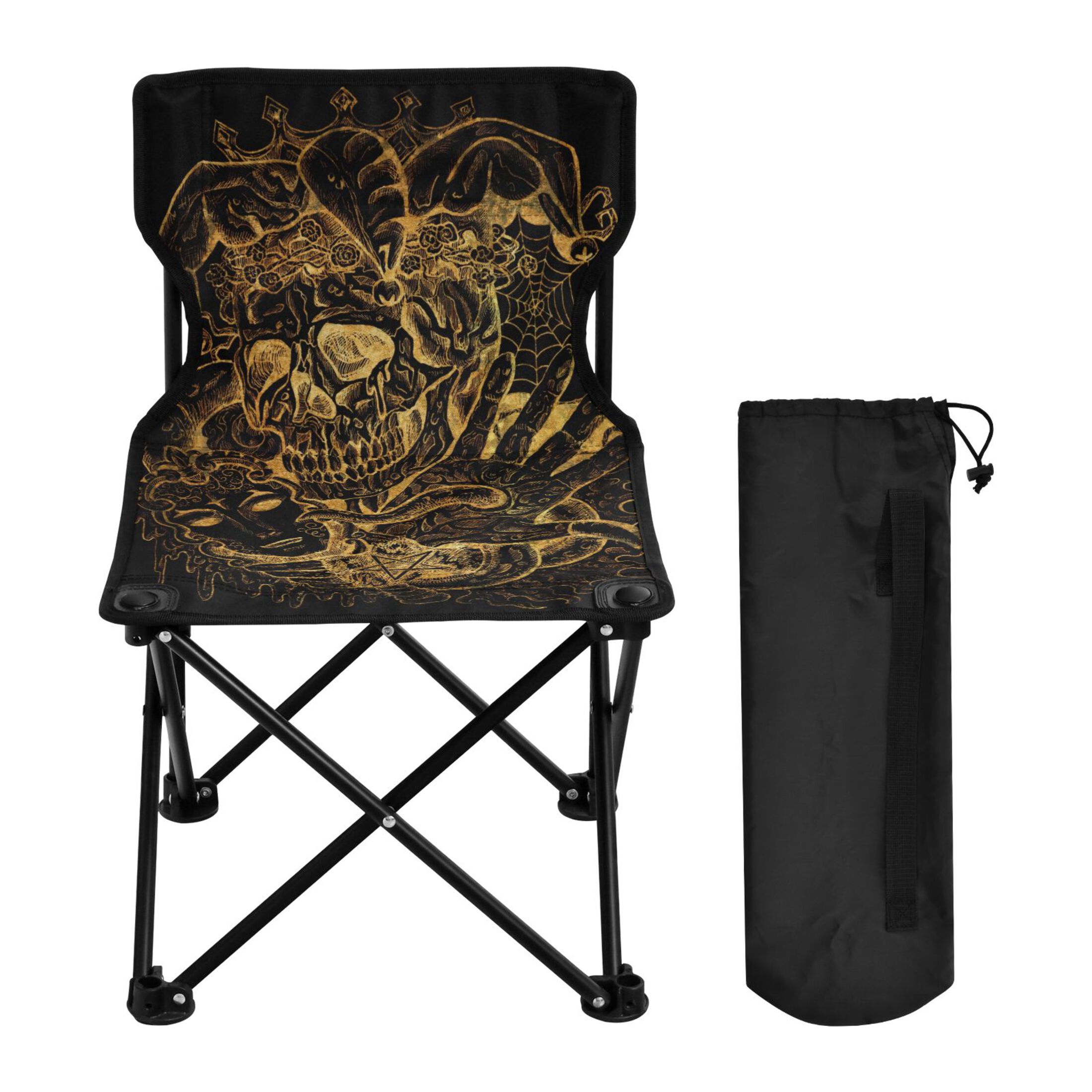Golden Skull with Mask Portable Camping Chair Outdoor Folding Beach Chair Fishing Chair Lawn Chair with Carry Bag Support to 220LBS