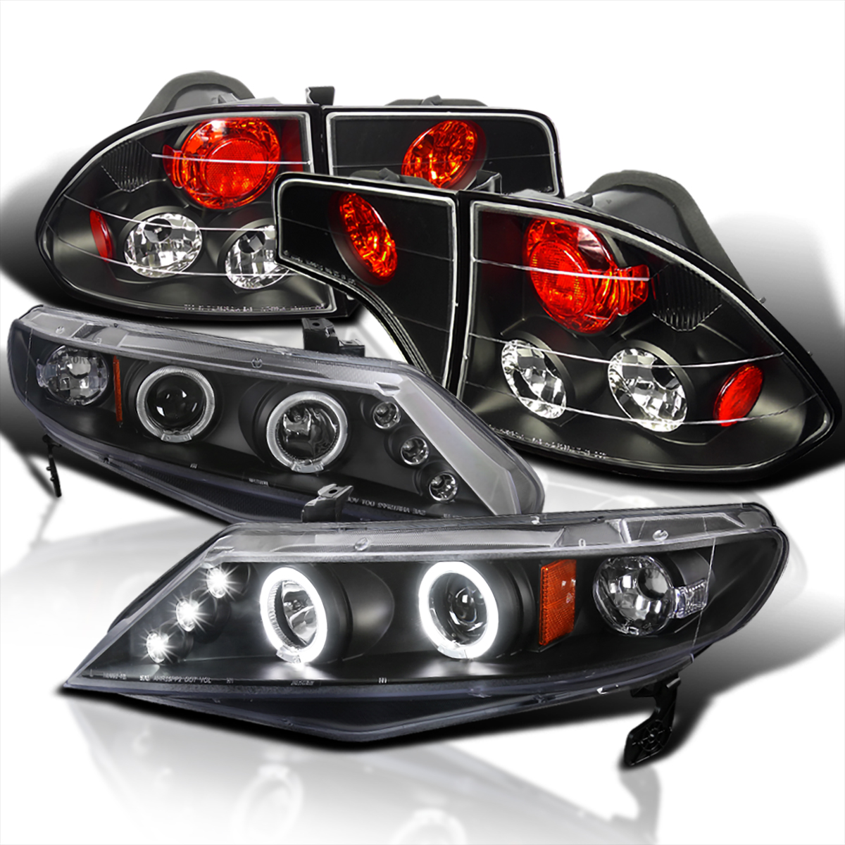 Spec-D Tuning LED Dual Halo Jdm Black Projector + Tail Brake Lamps Compatible with 2006-2011 Honda Civic 4Dr Left + Right Pair Headlamps Assembly