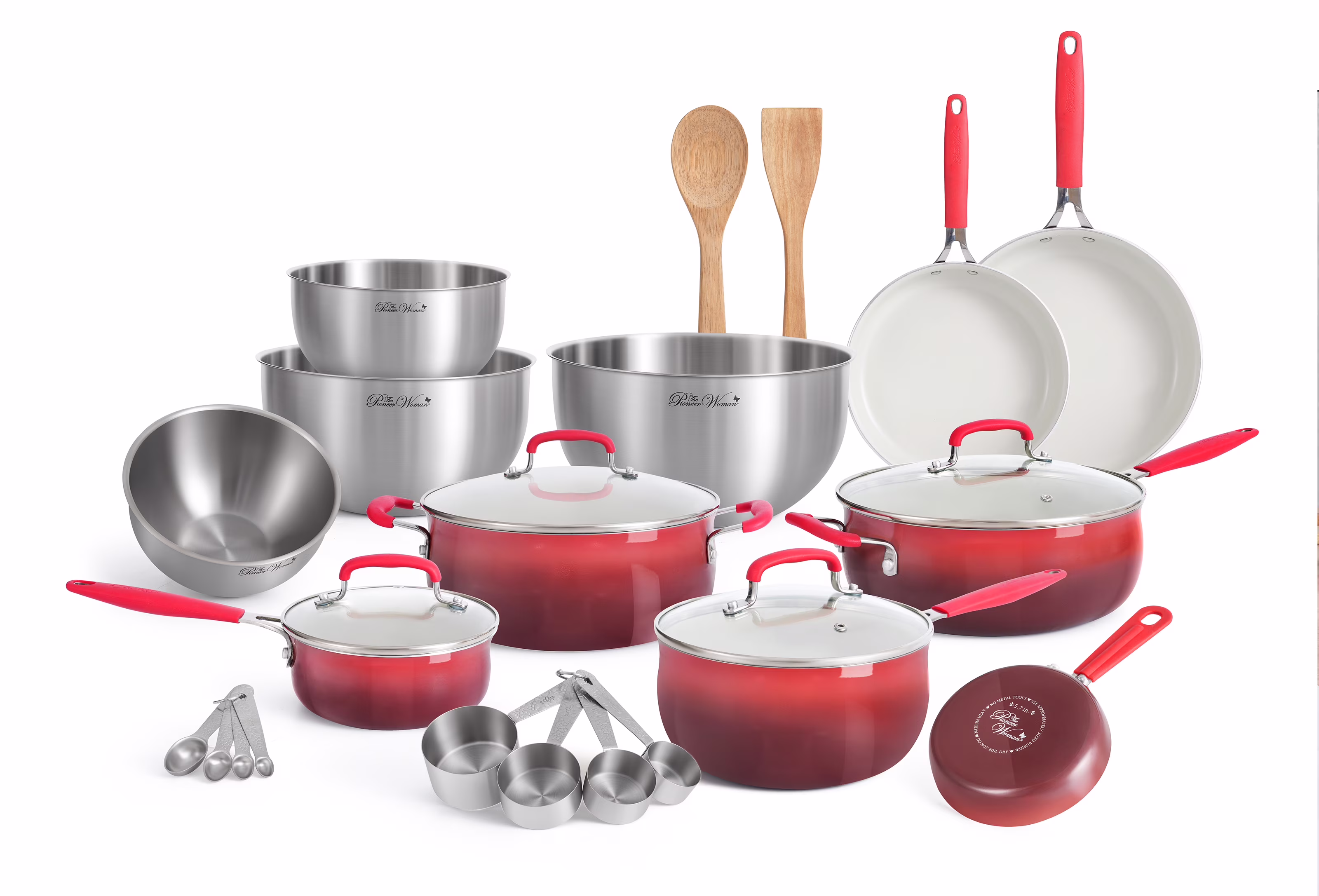 The Pioneer Woman 25 Piece Ceramic Nonstick Aluminum Easy Clean Cookware Set, Ombre Red