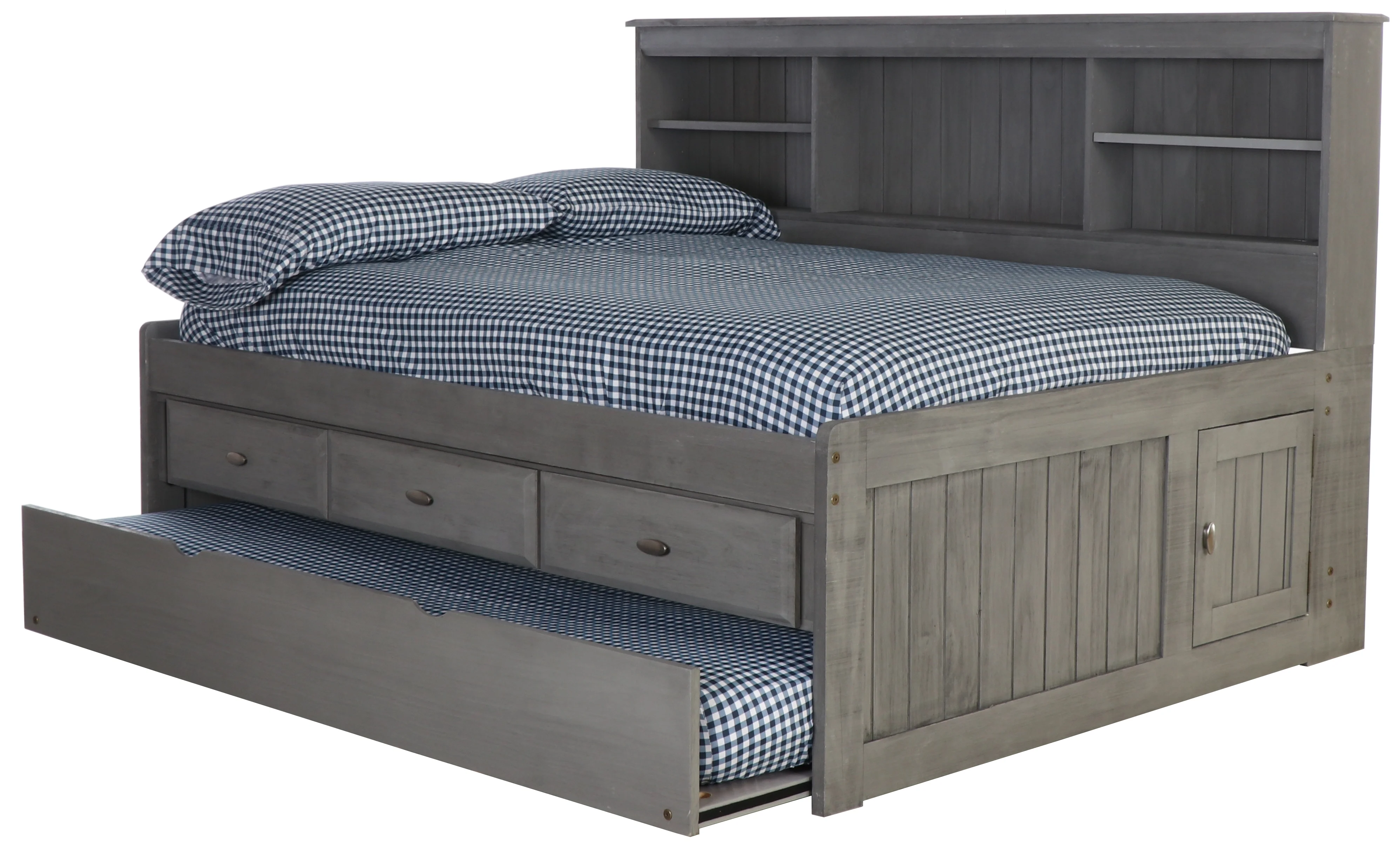 OS Home and Office Furniture Model 83223-3-KD, Solid Pine Full Daybed with Three Drawers and Twin Trundle in Charcoal Gray