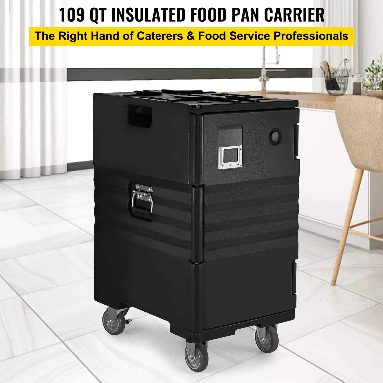 BENTISM Insulated Food Pan Carrier Front Load Catering Box w/ Wheels 109 Qt Black