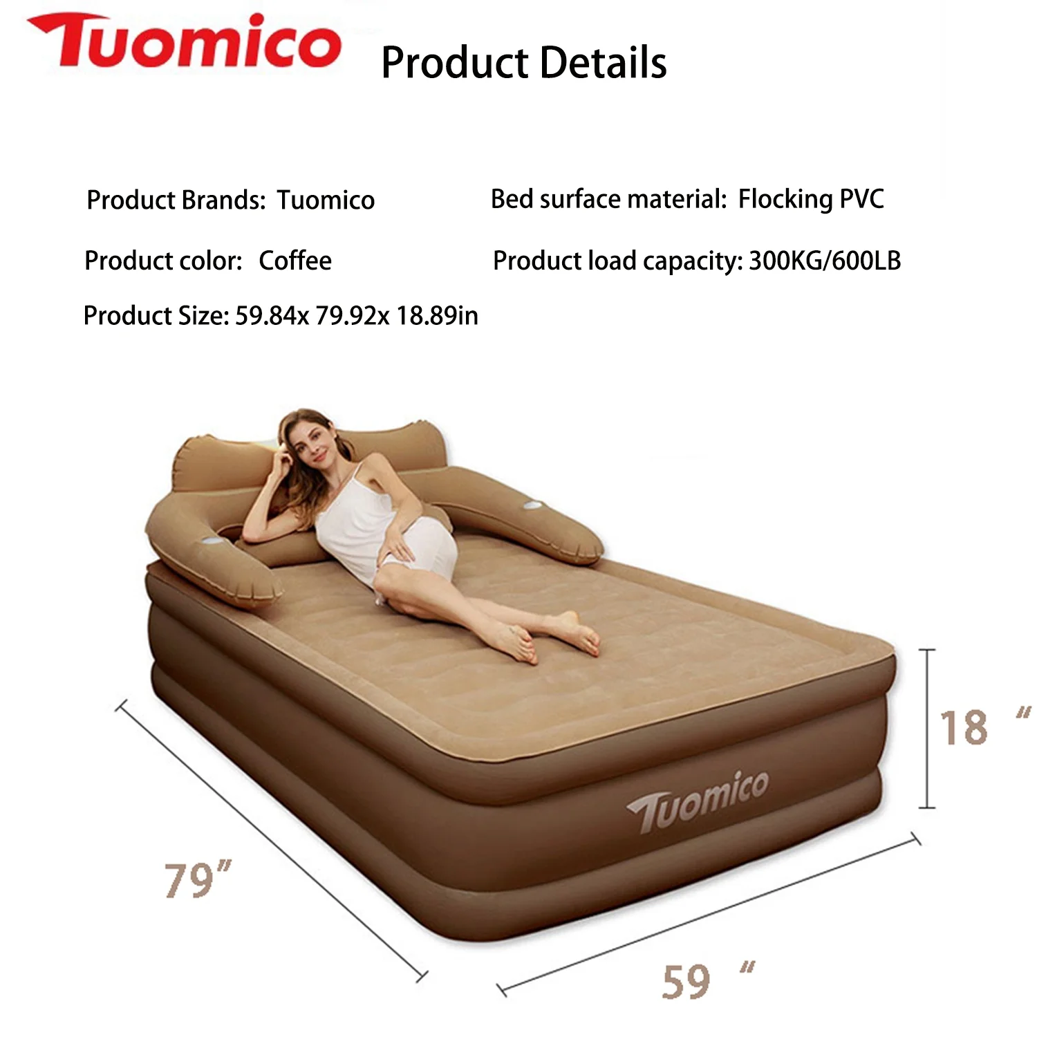 18 inch Queen Air Mattress, Inflatable Airbed with Built-in Pump for Guest Home Camping Travel, 600lb Max, (Twin Size 18